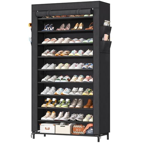 Simple Trending Narrow Shoe Rack with Cover, 10 Tier Shoe Organizer Storage, Tall Free Standing Shoe Cabinet Holds 20 Pairs for Closet, Black