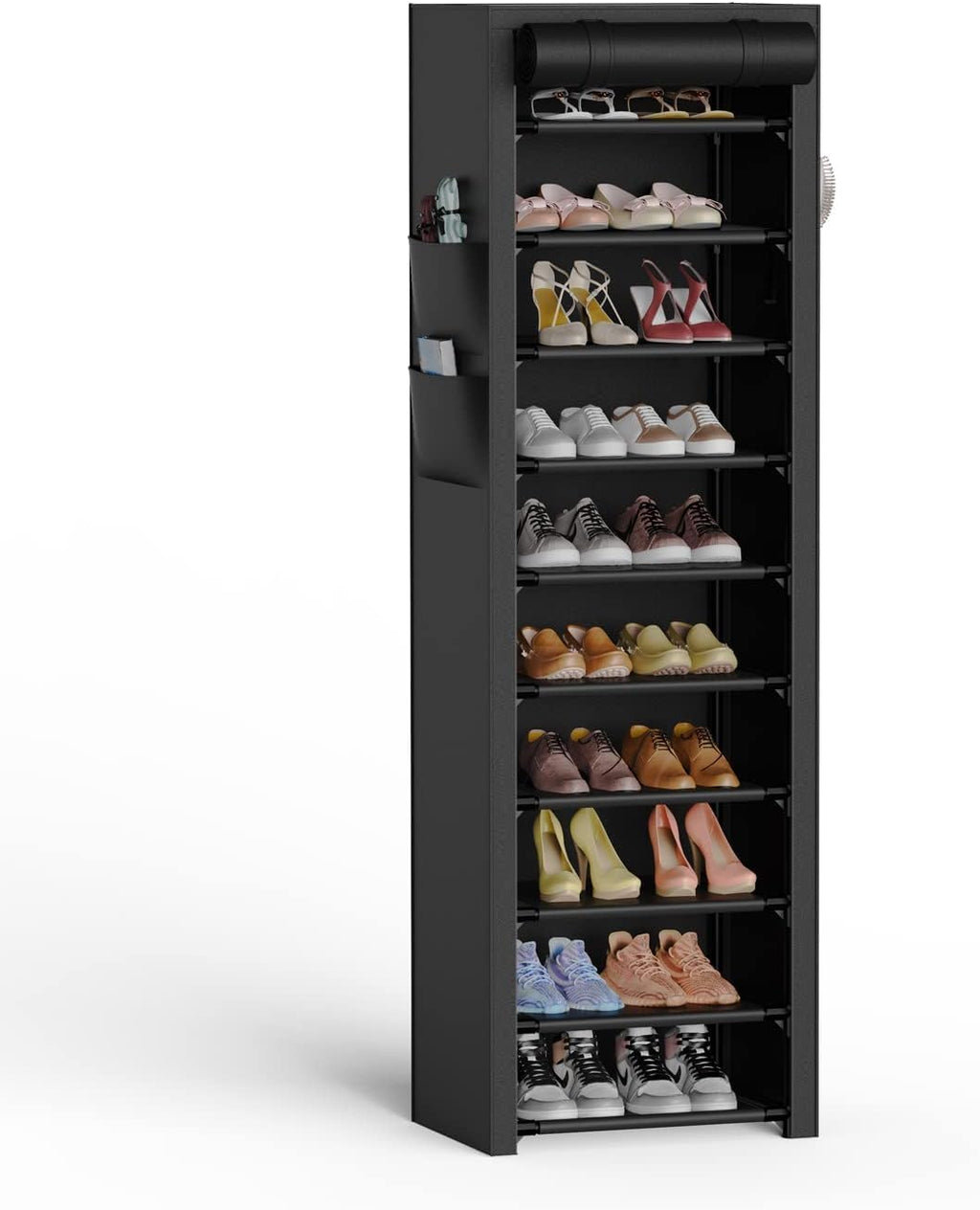 VTRIN Vertical Narrow Shoe Rack Organizer Tall Shoe Rack for Closet Entryway 10 Tier Non-Woven Cover Shoe Shelf Holds 36-41 Pairs Free Standing Shoe Storage Cabinet with Dustproof Cover, White