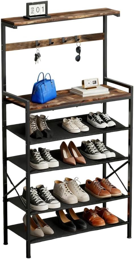 Shoe Rack for Entryway,6 Tier Wooden Entryway Shoe Storage Organizer for 16-20 Pairs,Tall Shoe Rack with Hooks and 4 Adjustable Oxford Fabric Shelves,Shoe Shelf for Closet Entrance Front Door Hallway