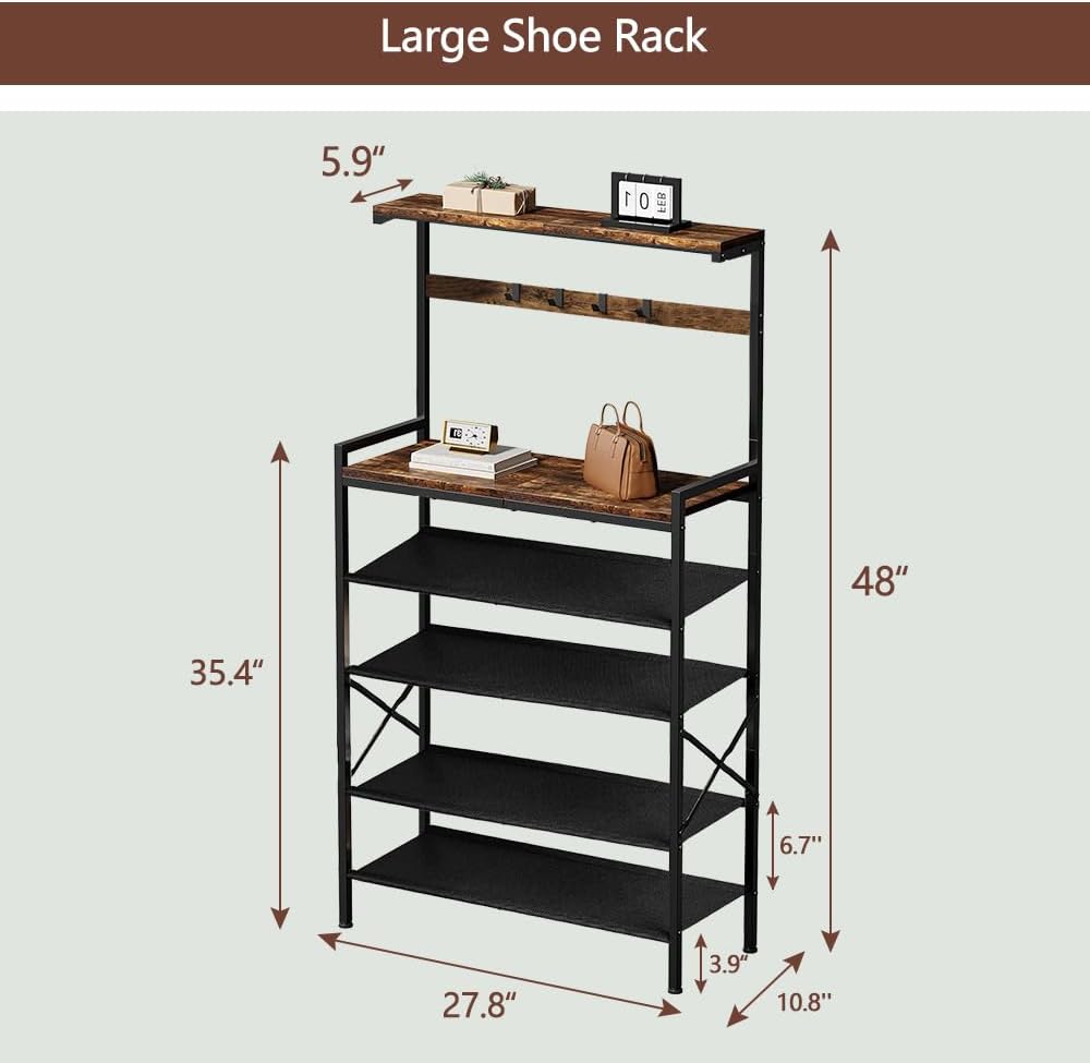 Shoe Rack for Entryway,6 Tier Wooden Entryway Shoe Storage Organizer for 16-20 Pairs,Tall Shoe Rack with Hooks and 4 Adjustable Oxford Fabric Shelves,Shoe Shelf for Closet Entrance Front Door Hallway