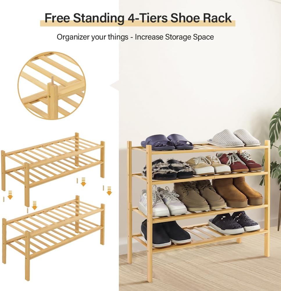 WKWKER 4-Tiers Bamboo Shoe Rack Stackable Free Standing Shoe Racks Portable Shoe Storage Organizer Stackable Shelf for Entryway Hallway Living Room Bedroom Balcony Doorway (Natural Color)