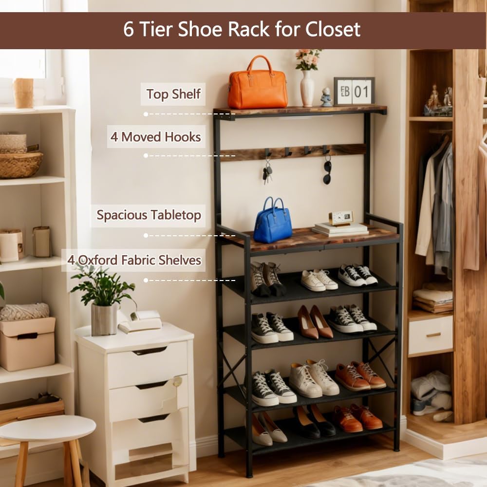 Shoe Rack for Entryway,6 Tier Wooden Entryway Shoe Storage Organizer for 16-20 Pairs,Tall Shoe Rack with Hooks and 4 Adjustable Oxford Fabric Shelves,Shoe Shelf for Closet Entrance Front Door Hallway