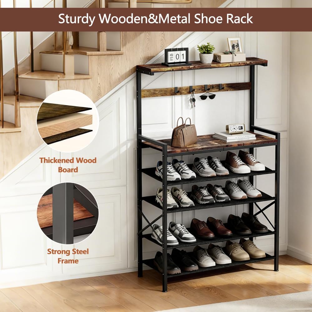 Shoe Rack for Entryway,6 Tier Wooden Entryway Shoe Storage Organizer for 16-20 Pairs,Tall Shoe Rack with Hooks and 4 Adjustable Oxford Fabric Shelves,Shoe Shelf for Closet Entrance Front Door Hallway