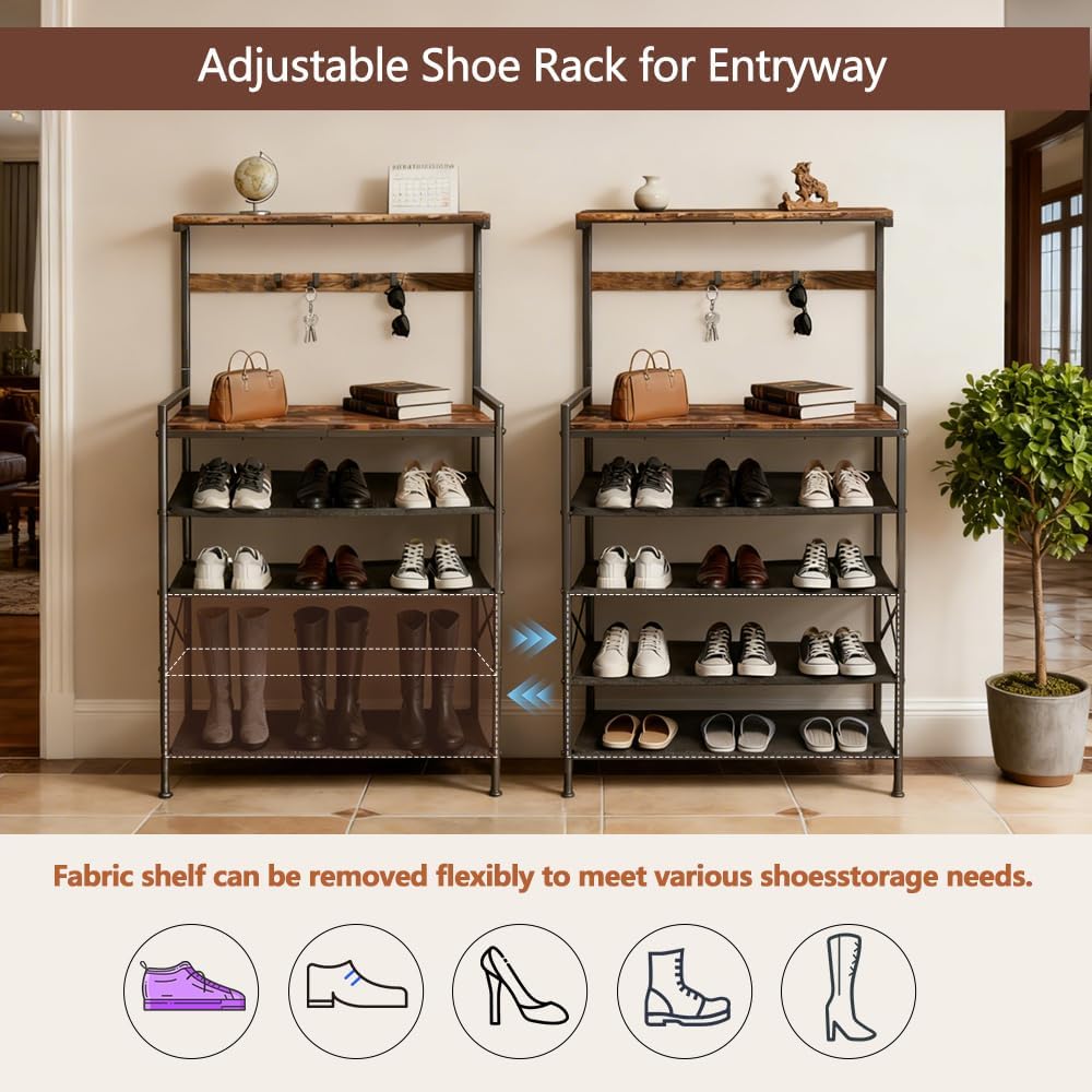 Shoe Rack for Entryway,6 Tier Wooden Entryway Shoe Storage Organizer for 16-20 Pairs,Tall Shoe Rack with Hooks and 4 Adjustable Oxford Fabric Shelves,Shoe Shelf for Closet Entrance Front Door Hallway