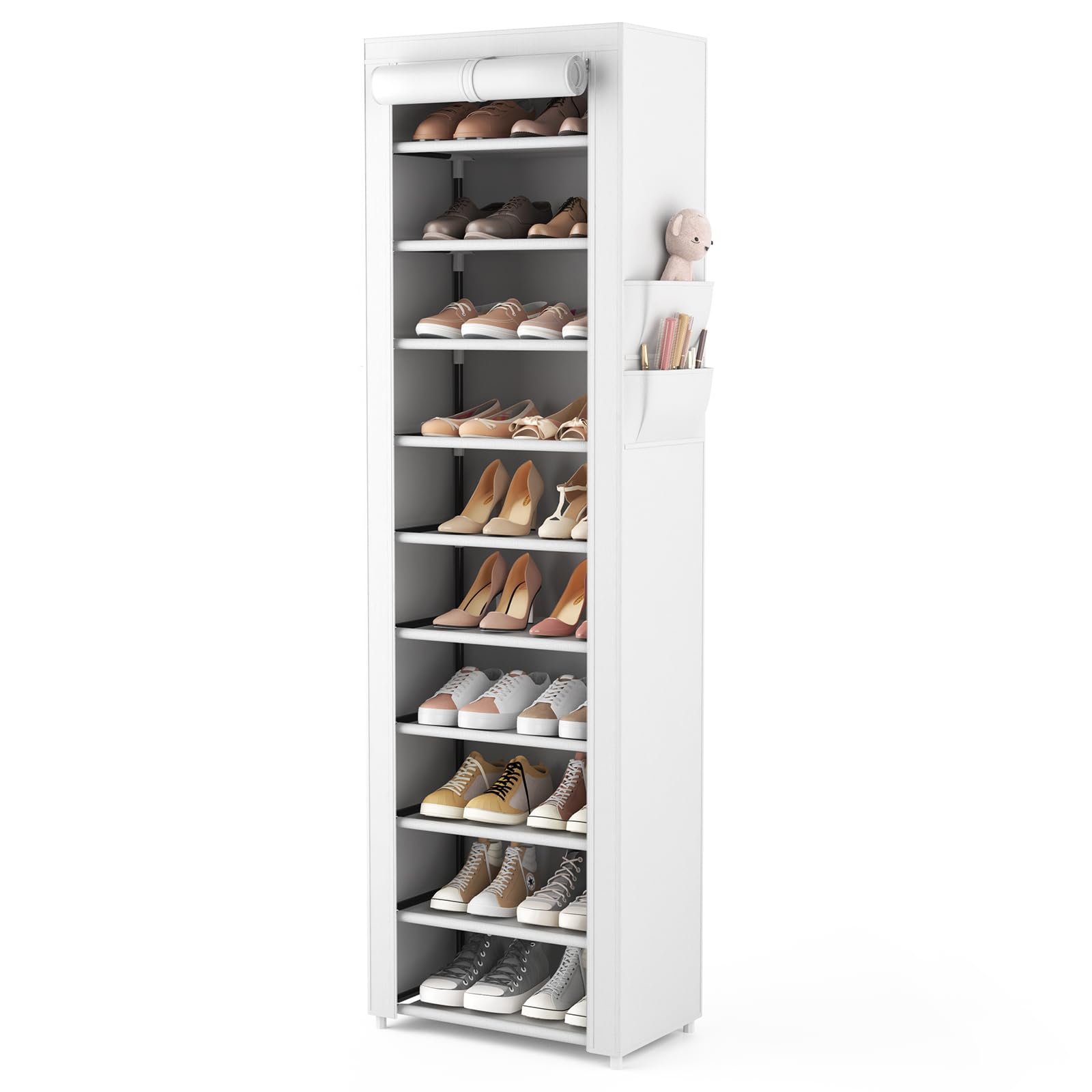 VTRIN Vertical Narrow Shoe Rack Organizer Tall Shoe Rack for Closet Entryway 10 Tier Non-Woven Cover Shoe Shelf Holds 36-41 Pairs Free Standing Shoe Storage Cabinet with Dustproof Cover, White