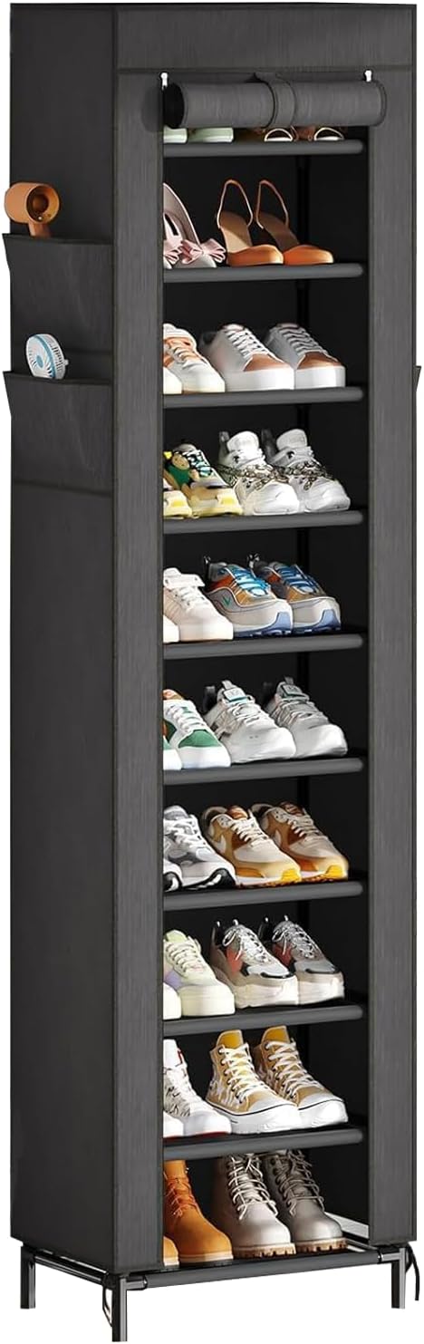Simple Trending Narrow Shoe Rack with Cover, 10 Tier Shoe Organizer Storage, Tall Free Standing Shoe Cabinet Holds 20 Pairs for Closet, Black