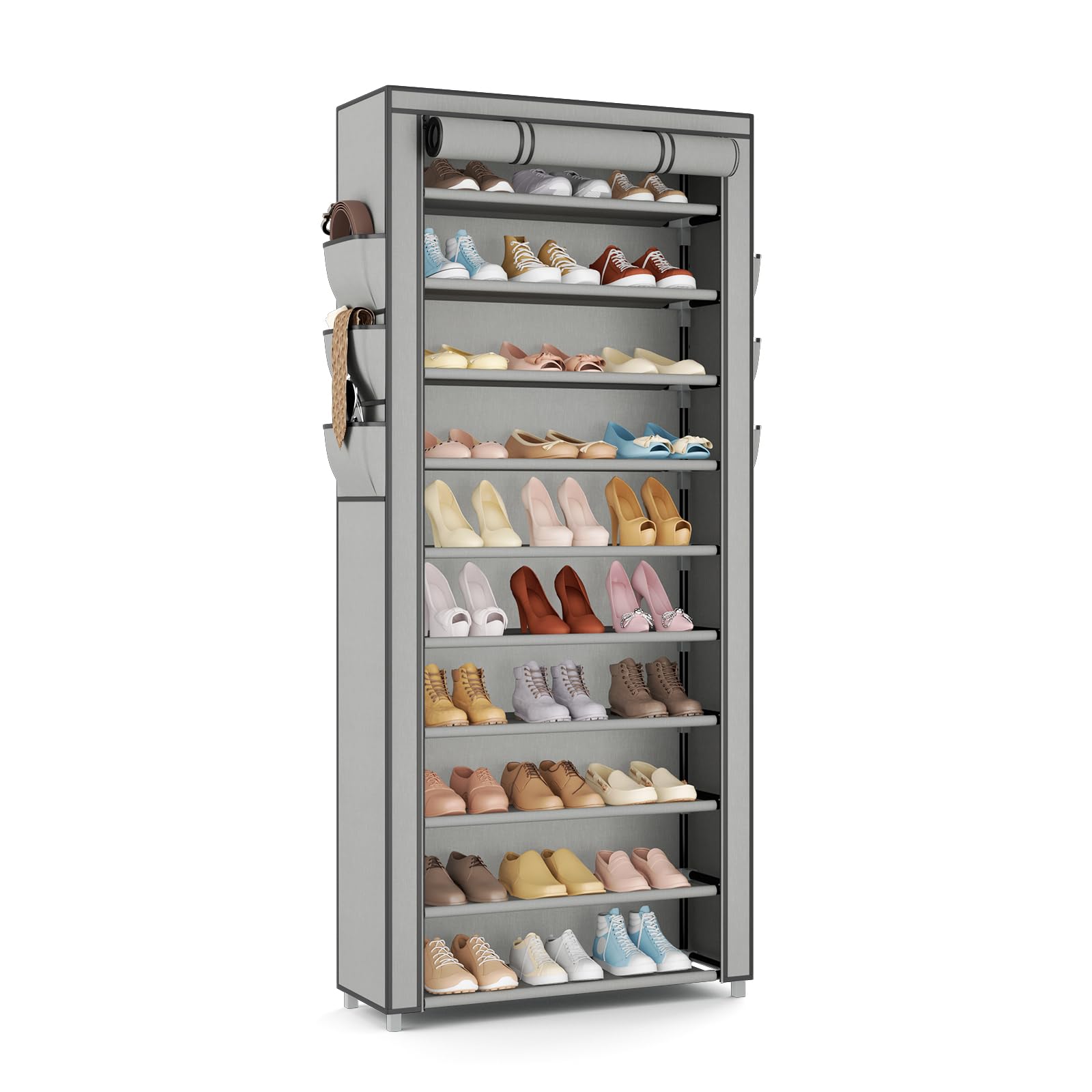 VTRIN Vertical Narrow Shoe Rack Organizer Tall Shoe Rack for Closet Entryway 10 Tier Non-Woven Cover Shoe Shelf Holds 36-41 Pairs Free Standing Shoe Storage Cabinet with Dustproof Cover, White