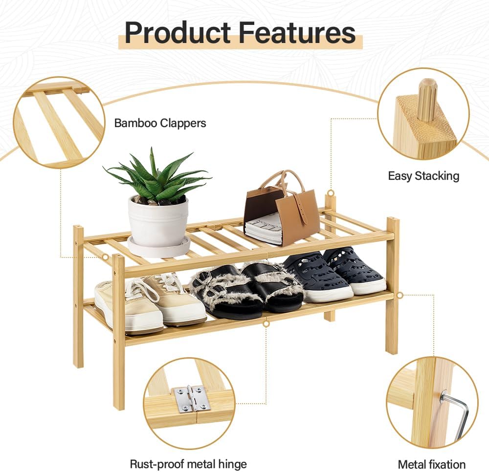 WKWKER 4-Tiers Bamboo Shoe Rack Stackable Free Standing Shoe Racks Portable Shoe Storage Organizer Stackable Shelf for Entryway Hallway Living Room Bedroom Balcony Doorway (Natural Color)