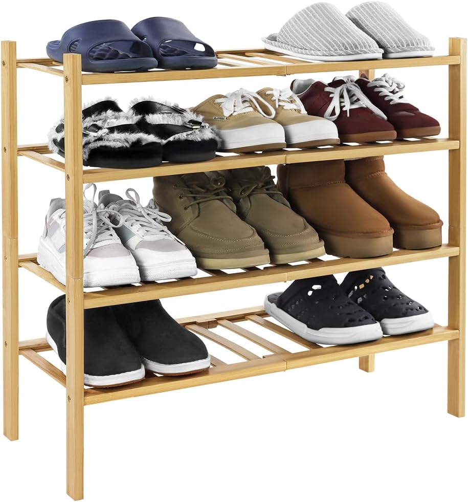 WKWKER 4-Tiers Bamboo Shoe Rack Stackable Free Standing Shoe Racks Portable Shoe Storage Organizer Stackable Shelf for Entryway Hallway Living Room Bedroom Balcony Doorway (Natural Color)