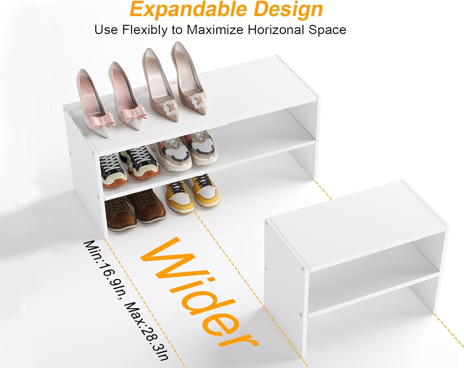 White Shoe Rack Organizer for Closet, 2-Tier Expandable Shoe Shelf, Stackable Iron Wood Combination Small Shoe Racks Shelves for Closets, Entryway,Small Space,Hallway,Bedroom,Bathroom,6-12 Pairs