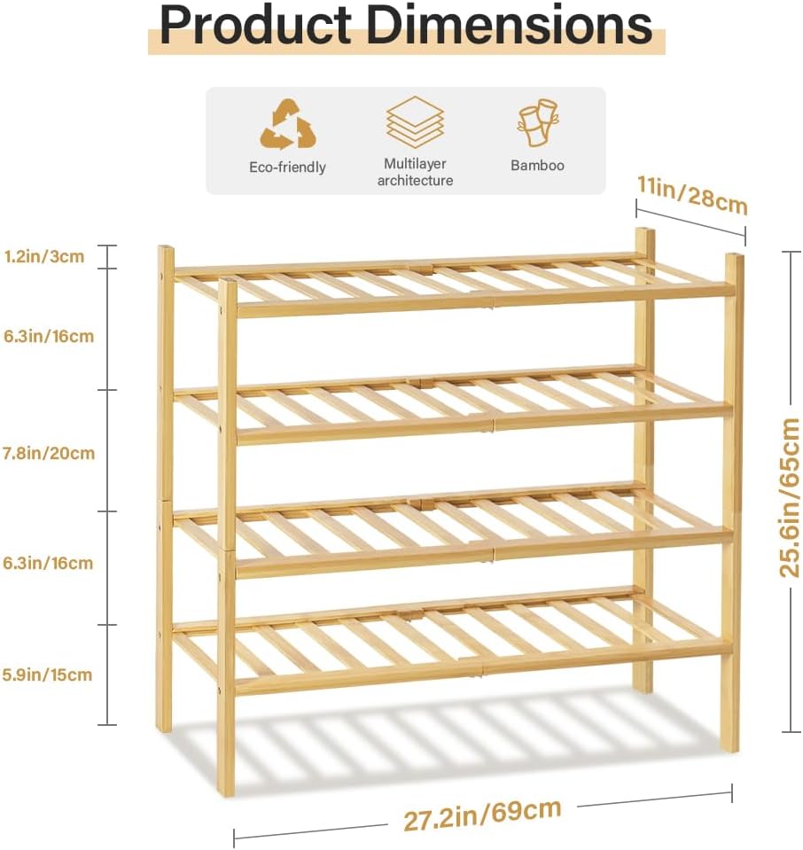 WKWKER 4-Tiers Bamboo Shoe Rack Stackable Free Standing Shoe Racks Portable Shoe Storage Organizer Stackable Shelf for Entryway Hallway Living Room Bedroom Balcony Doorway (Natural Color)
