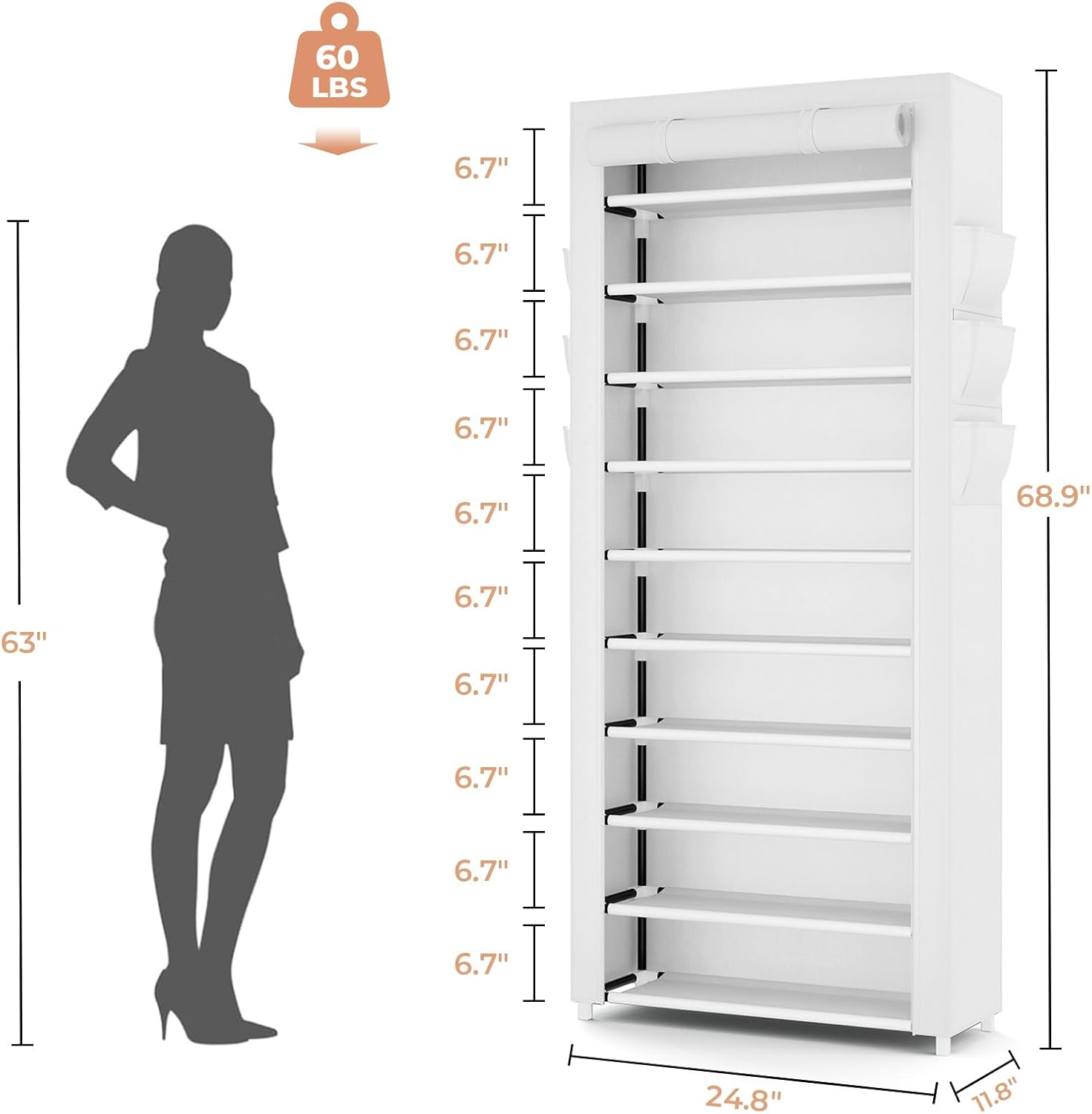 VTRIN Vertical Narrow Shoe Rack Organizer Tall Shoe Rack for Closet Entryway 10 Tier Non-Woven Cover Shoe Shelf Holds 36-41 Pairs Free Standing Shoe Storage Cabinet with Dustproof Cover, White
