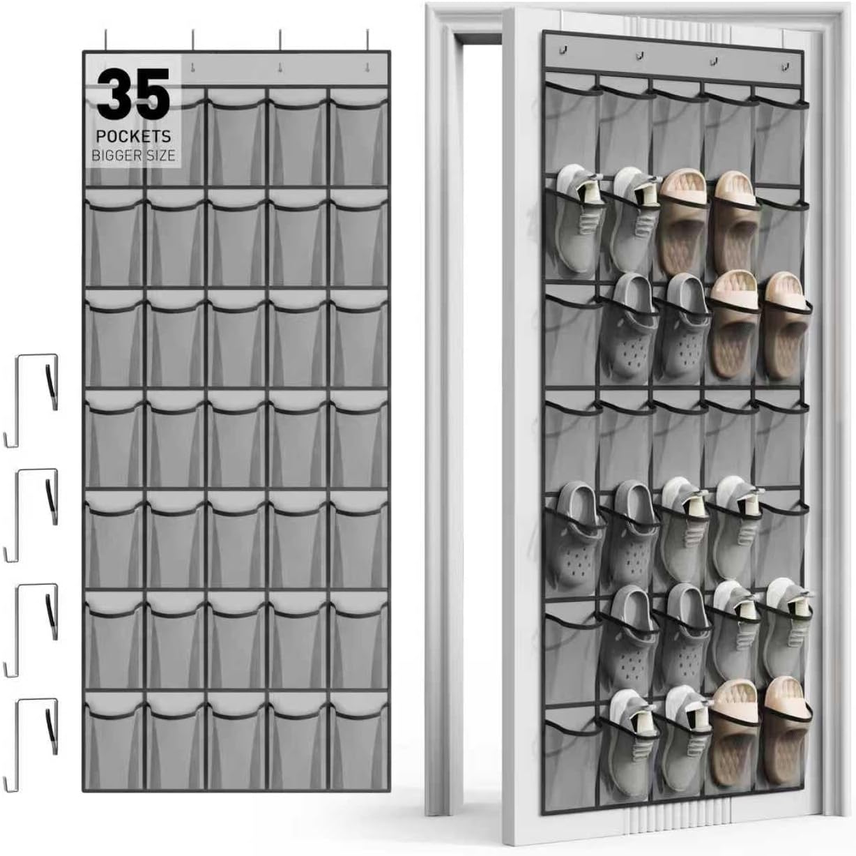 WVM Over the Door Shoe Organizer with 35 Breathable Mesh Pockets, Hanging Shoe Organizer for Door with 4 Metal Hooks, Large Capacity Closet Storage for Shoes, Accessories, Grey