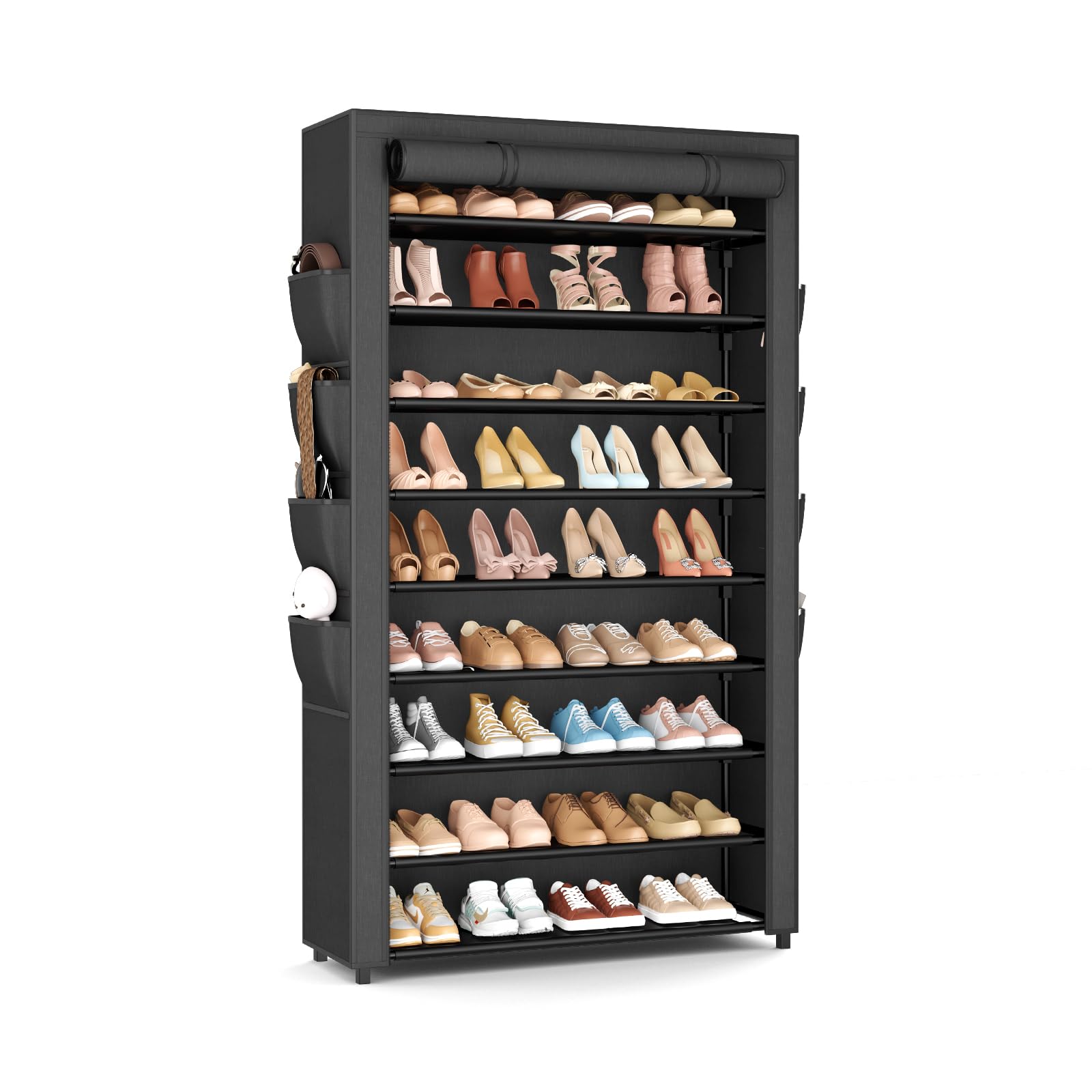 Shoe Rack with Cover, 10 Tier Shoe Organizer Storage for 40-50 Pairs Sneaker and Boots, Large Capacity, with 8 Pockets, Free Standing Tall Shoe Rack for Front Door Entrance, Closet