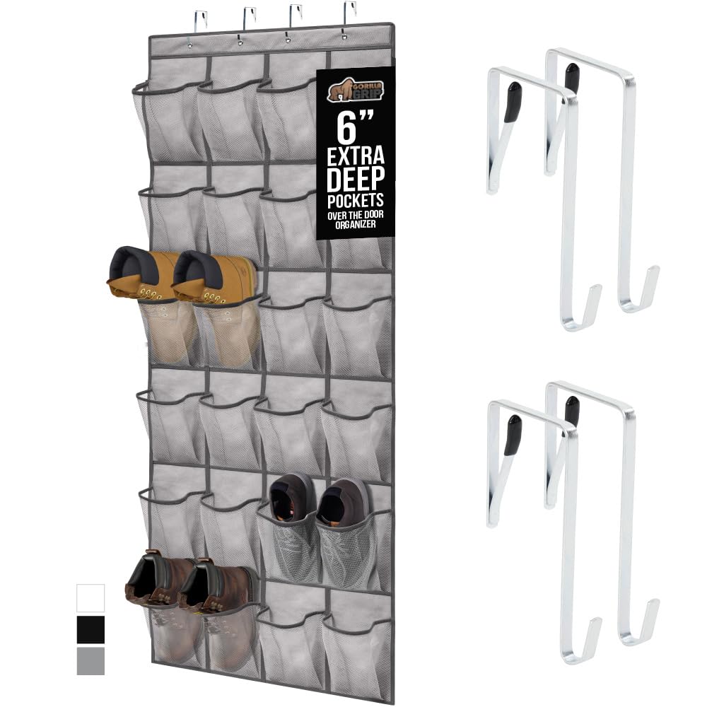 GORILLA GRIP Over the Door Shoe Organizer, 24 Large Breathable Mesh Pockets, Space Saving Hanging Storage Holder, Closet Rack Hanger Holds Up to 40 lbs, Hangs on Closets for Shoes, Accessories, Linen