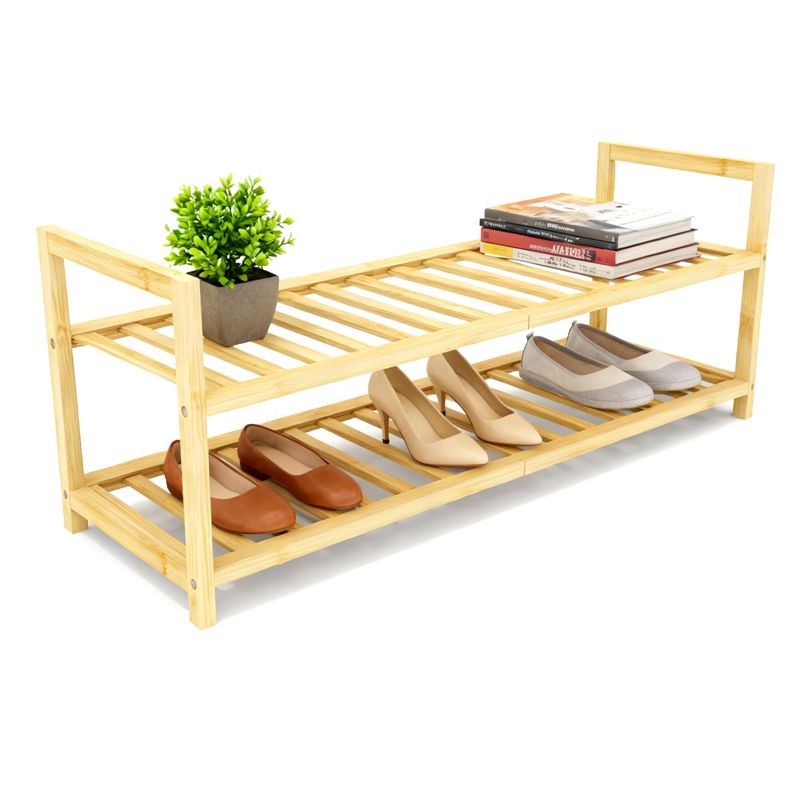 4 Tier Bamboo Wooden Shoe Rack for Closet & Entryway, Free Standing Shoe Rack Stand Organizer Shelf for Garage, Bedroom, Small Space Storage, Stackable