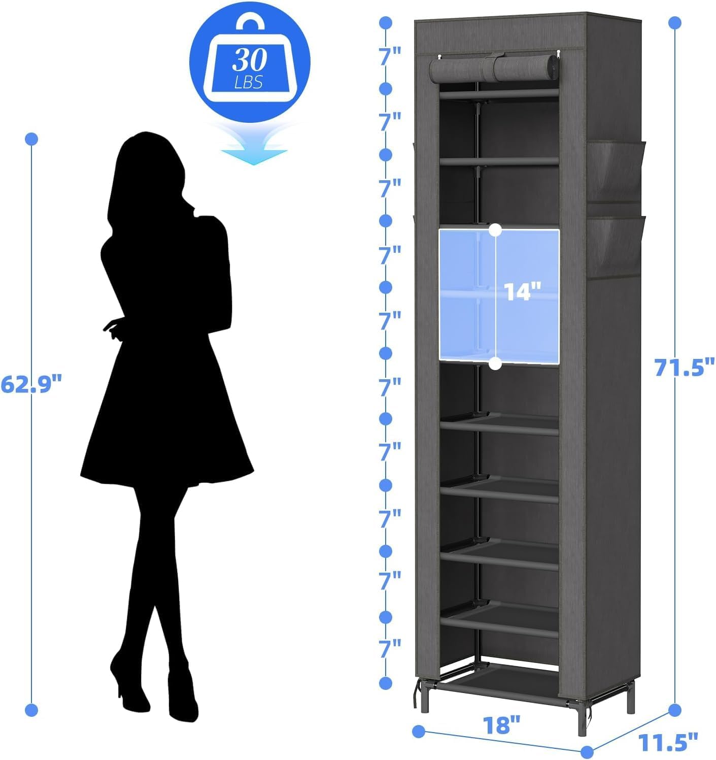 Simple Trending Narrow Shoe Rack with Cover, 10 Tier Shoe Organizer Storage, Tall Free Standing Shoe Cabinet Holds 20 Pairs for Closet, Black