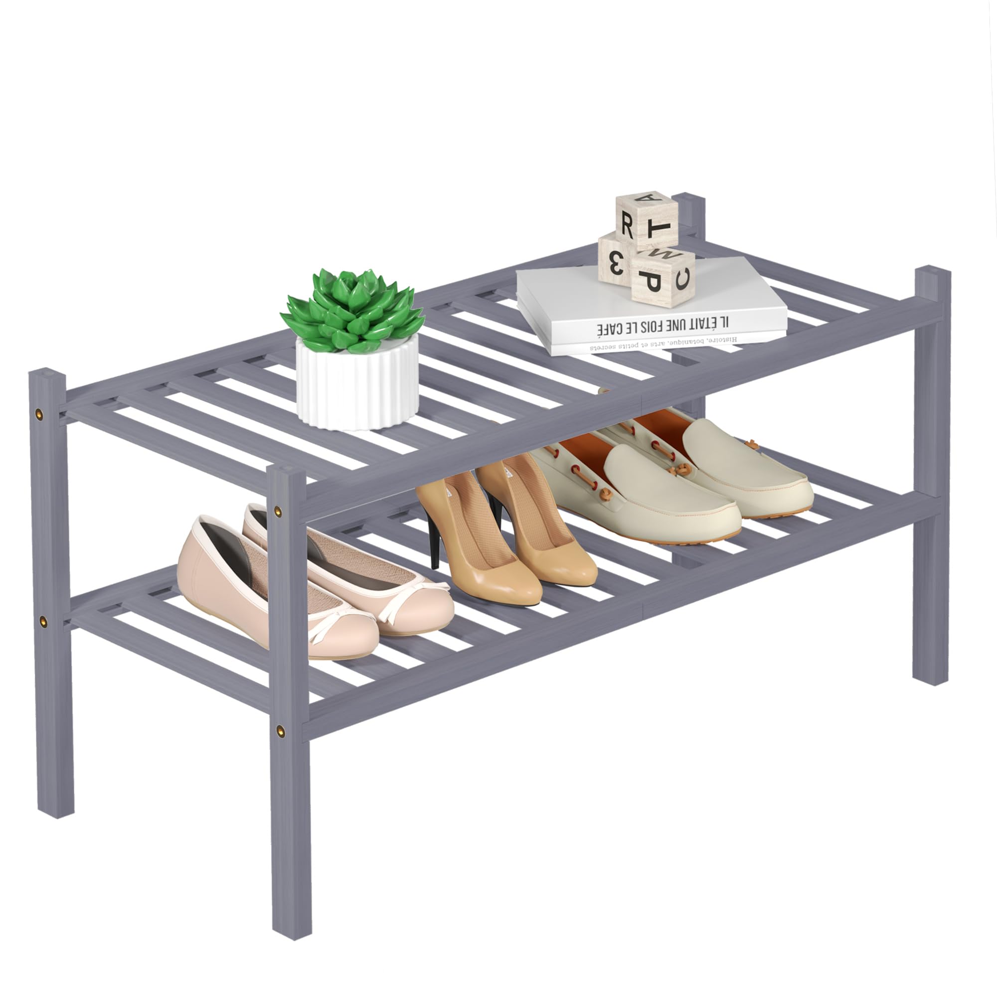 ROMGUAR CRAFT 3 Tier Bamboo Shoe Rack for Closet Free Standing Wood Shoe Shelf Storage Organizer for Entryway Small Space Stackable 27"x11"x20" (Black)