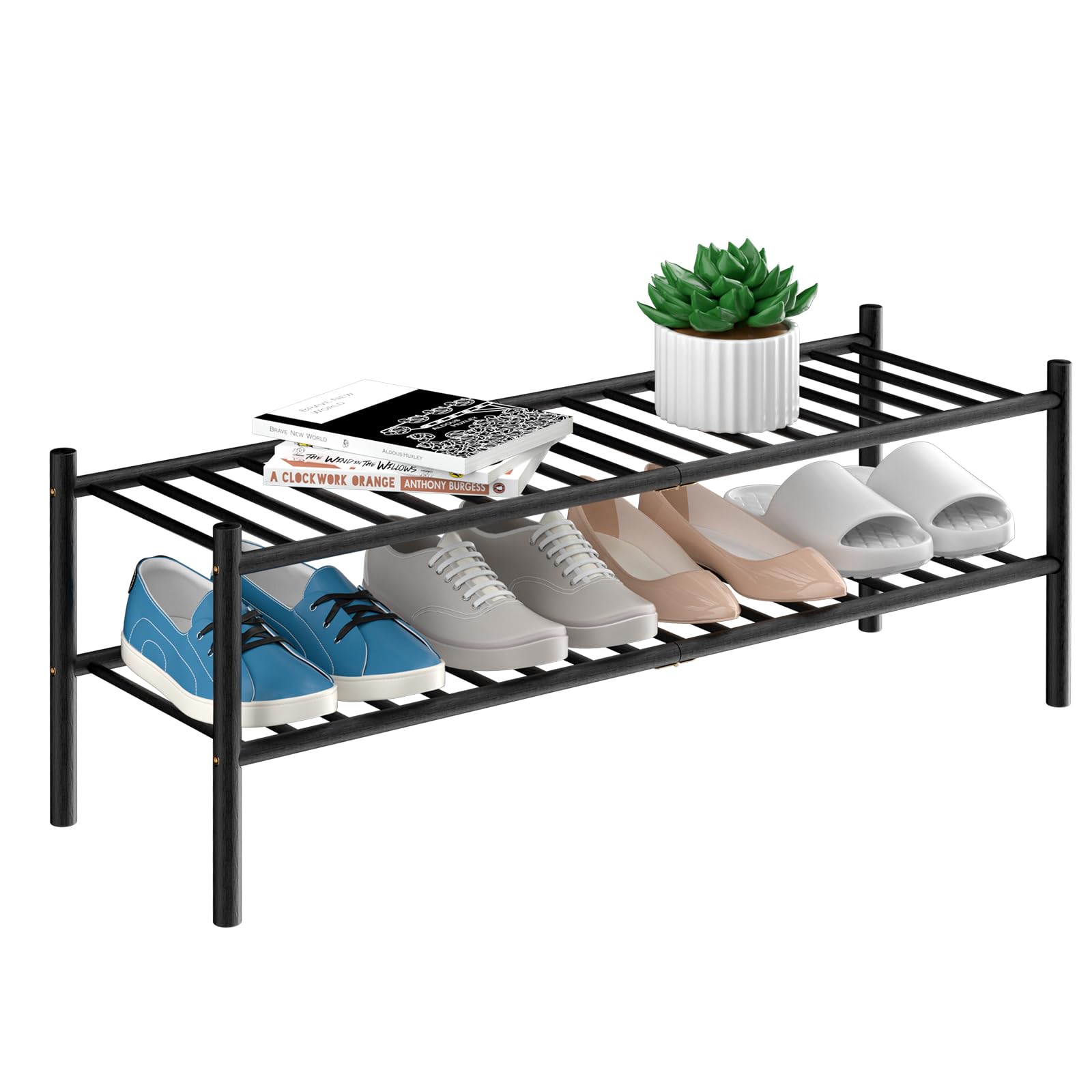 ROMGUAR CRAFT 3 Tier Bamboo Shoe Rack for Closet Free Standing Wood Shoe Shelf Storage Organizer for Entryway Small Space Stackable 27"x11"x20" (Black)