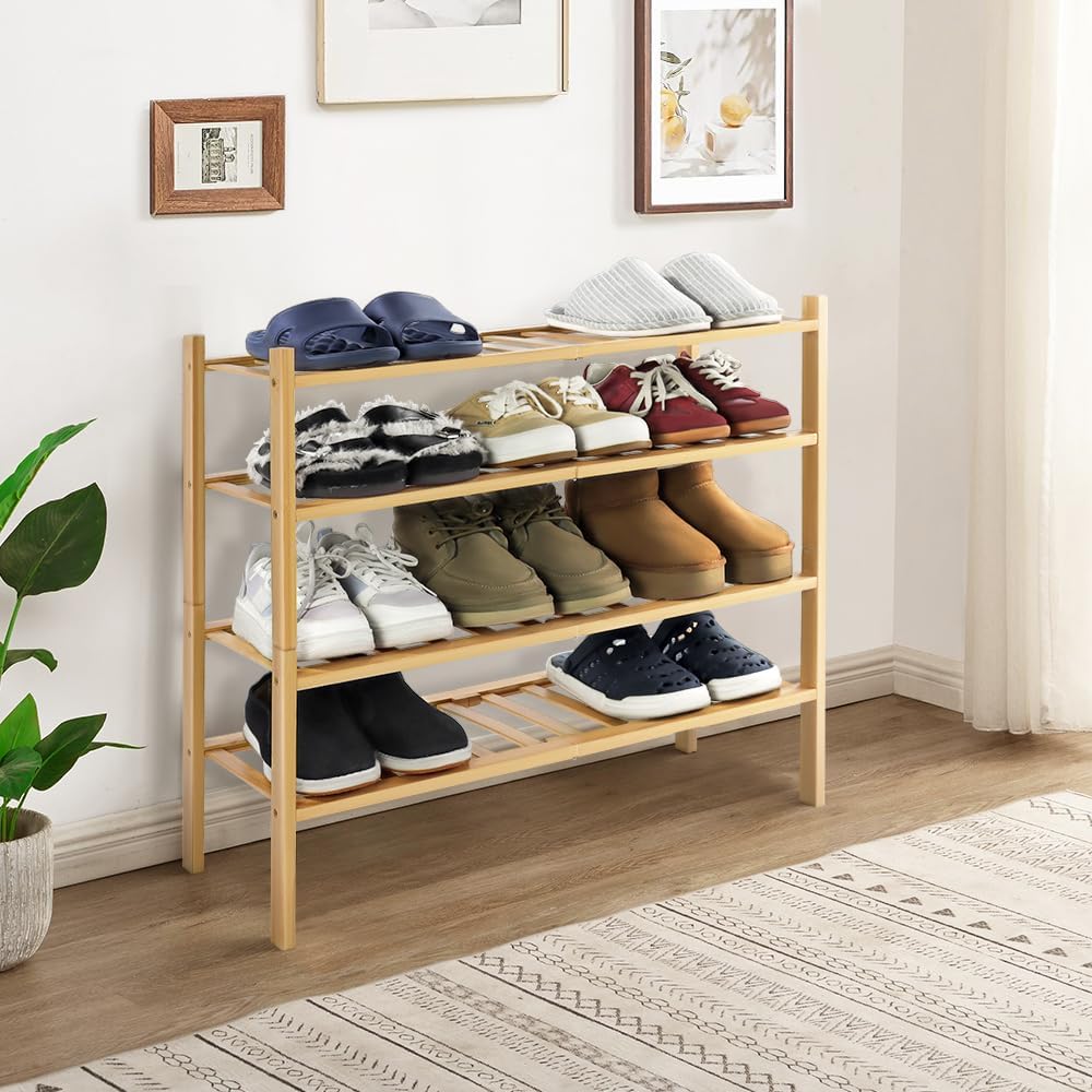 WKWKER 4-Tiers Bamboo Shoe Rack Stackable Free Standing Shoe Racks Portable Shoe Storage Organizer Stackable Shelf for Entryway Hallway Living Room Bedroom Balcony Doorway (Natural Color)