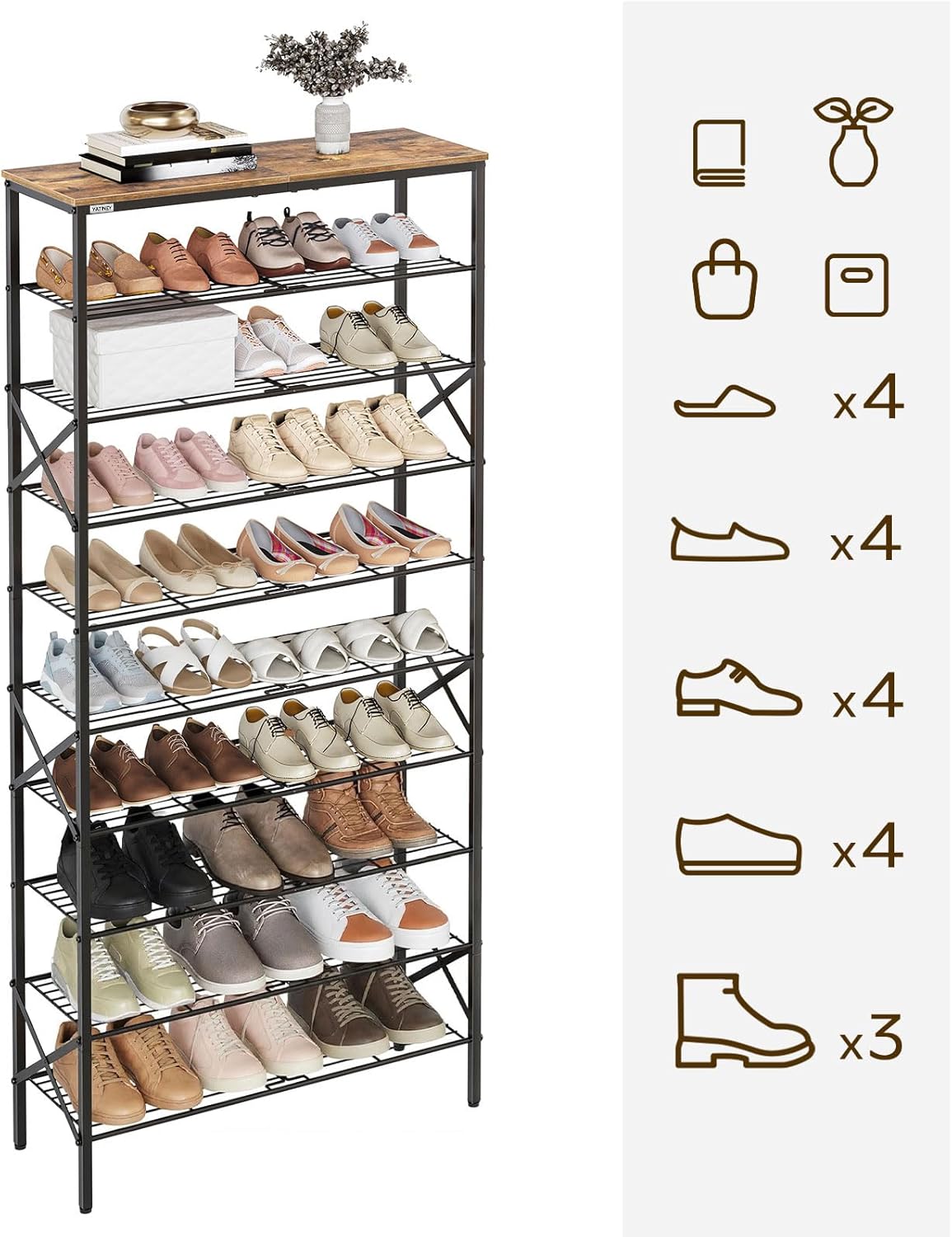 YATINEY 10 Tier Shoe Rack, Large Capacity Shoe Storage Organizer Holds 40 Pairs, Sturdy and Stable, for Entryway, Hallway, Closet, Dorm Room, Rustic Brown SS10BR