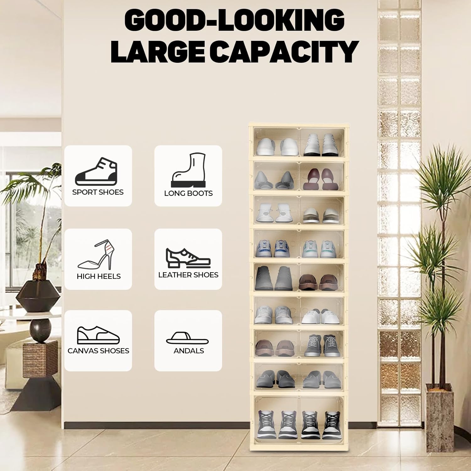 FAHKNS Shoe Storage Box, 9 Tiers Easy Assembly Foldable Plastic Shoe Rack with Clear Door, Stackable Shoe Storage Bins Shoe Organizer for Entryway Closet