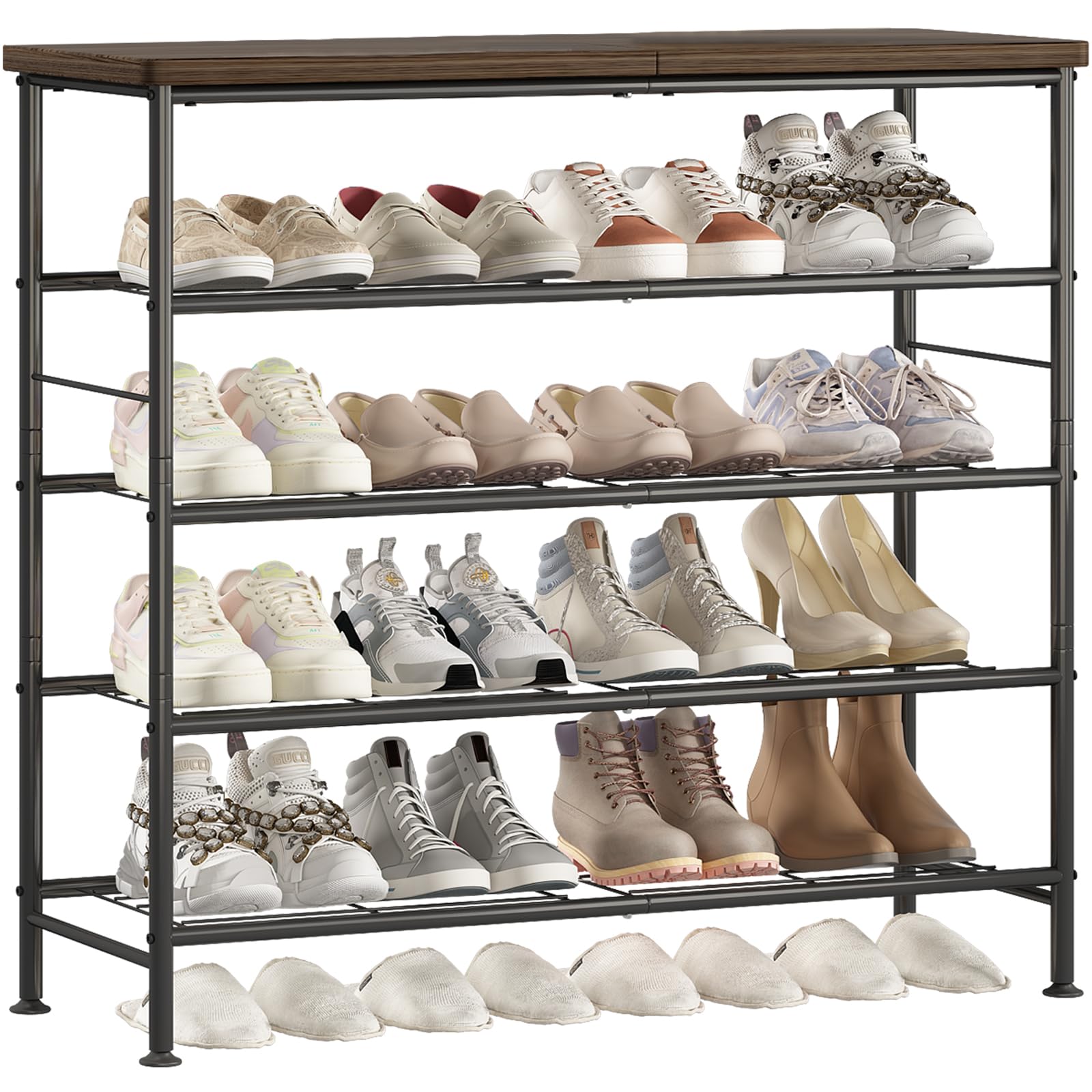 SUOERNUO Shoe Rack Organizer 5 Tier for Closet Entryway Free Standing Metal Storage Shoe Shelf with MDF Top Board，White+Oak