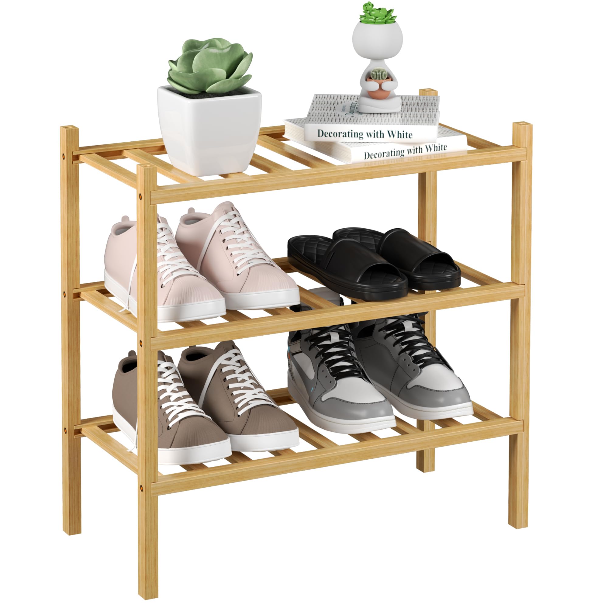 ROMGUAR CRAFT 3 Tier Bamboo Shoe Rack for Closet Free Standing Wood Shoe Shelf Storage Organizer for Entryway Small Space Stackable 27"x11"x20" (Black)