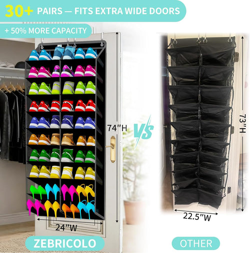 Heavy-Duty, over the door shoe organizer, Extra-Wide Large, shoe organizer, Holds 30 Pairs & Supports 100lbs, shoe rack, with Reinforced Grommets & Bamboo Rods, Fits Men's Size 12 & Boots, Black