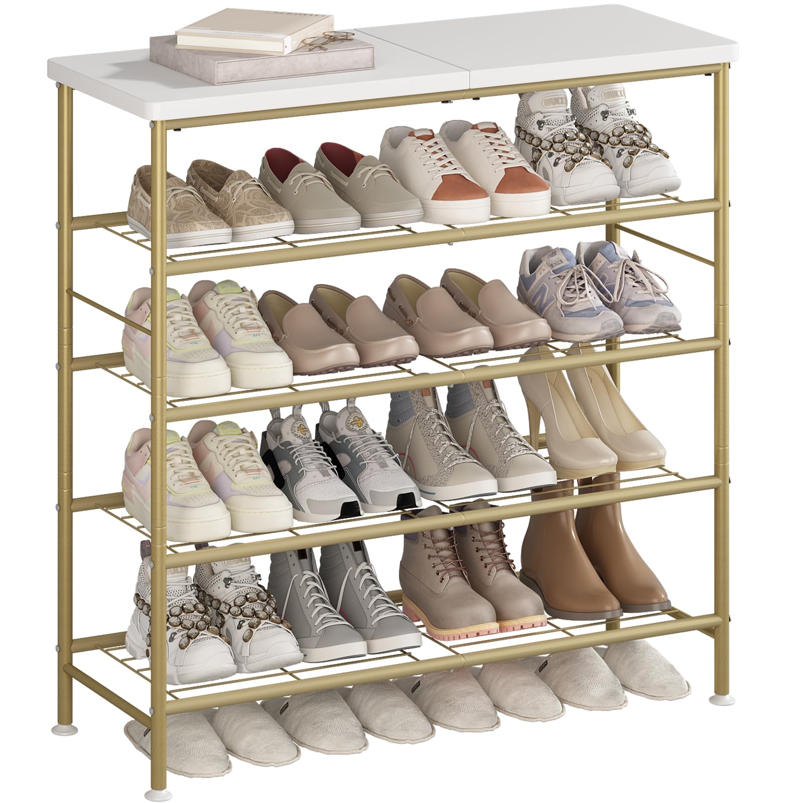 SUOERNUO Shoe Rack Organizer 5 Tier for Closet Entryway Free Standing Metal Storage Shoe Shelf with MDF Top Board，White+Oak