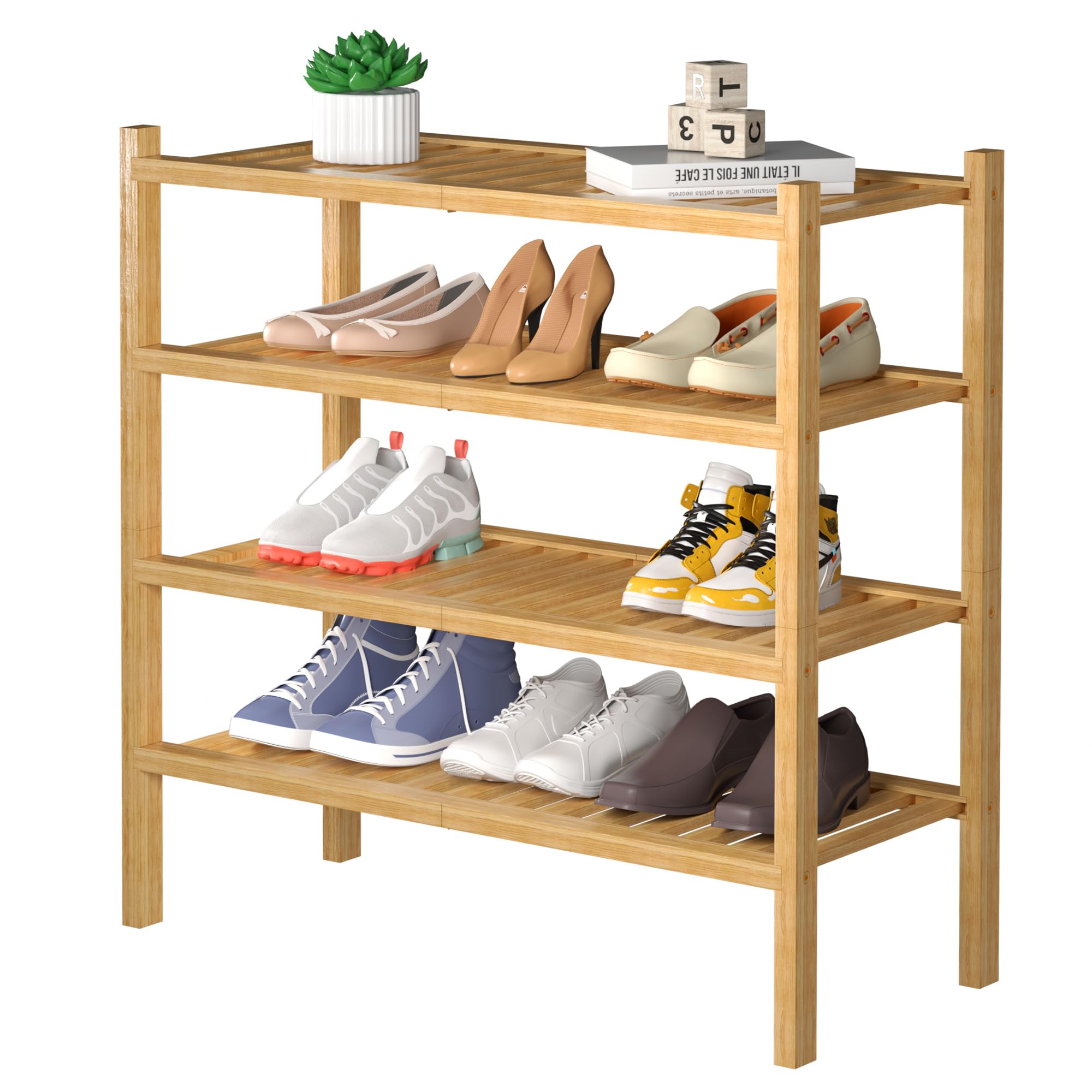 ROMGUAR CRAFT 3 Tier Bamboo Shoe Rack for Closet Free Standing Wood Shoe Shelf Storage Organizer for Entryway Small Space Stackable 27"x11"x20" (Black)