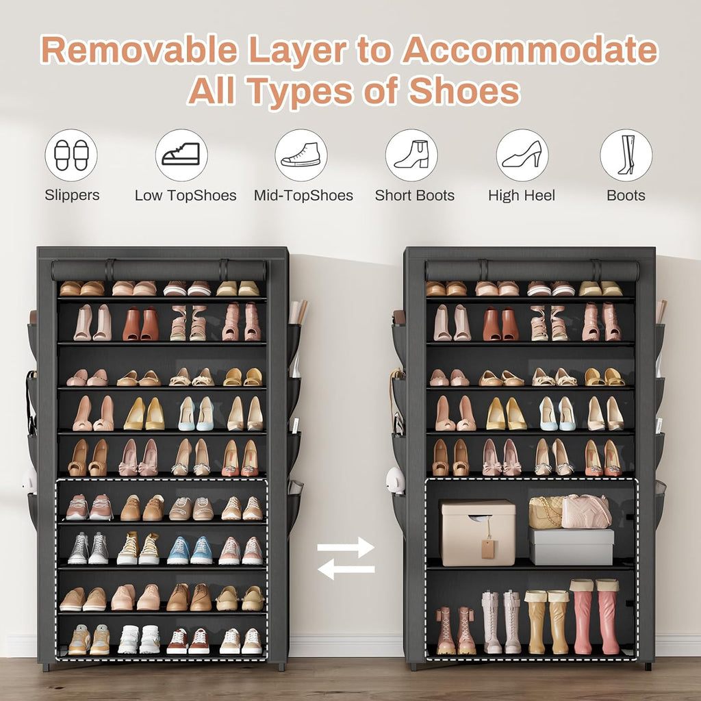 Shoe Rack with Cover, 10 Tier Shoe Organizer Storage for 40-50 Pairs Sneaker and Boots, Large Capacity, with 8 Pockets, Free Standing Tall Shoe Rack for Front Door Entrance, Closet