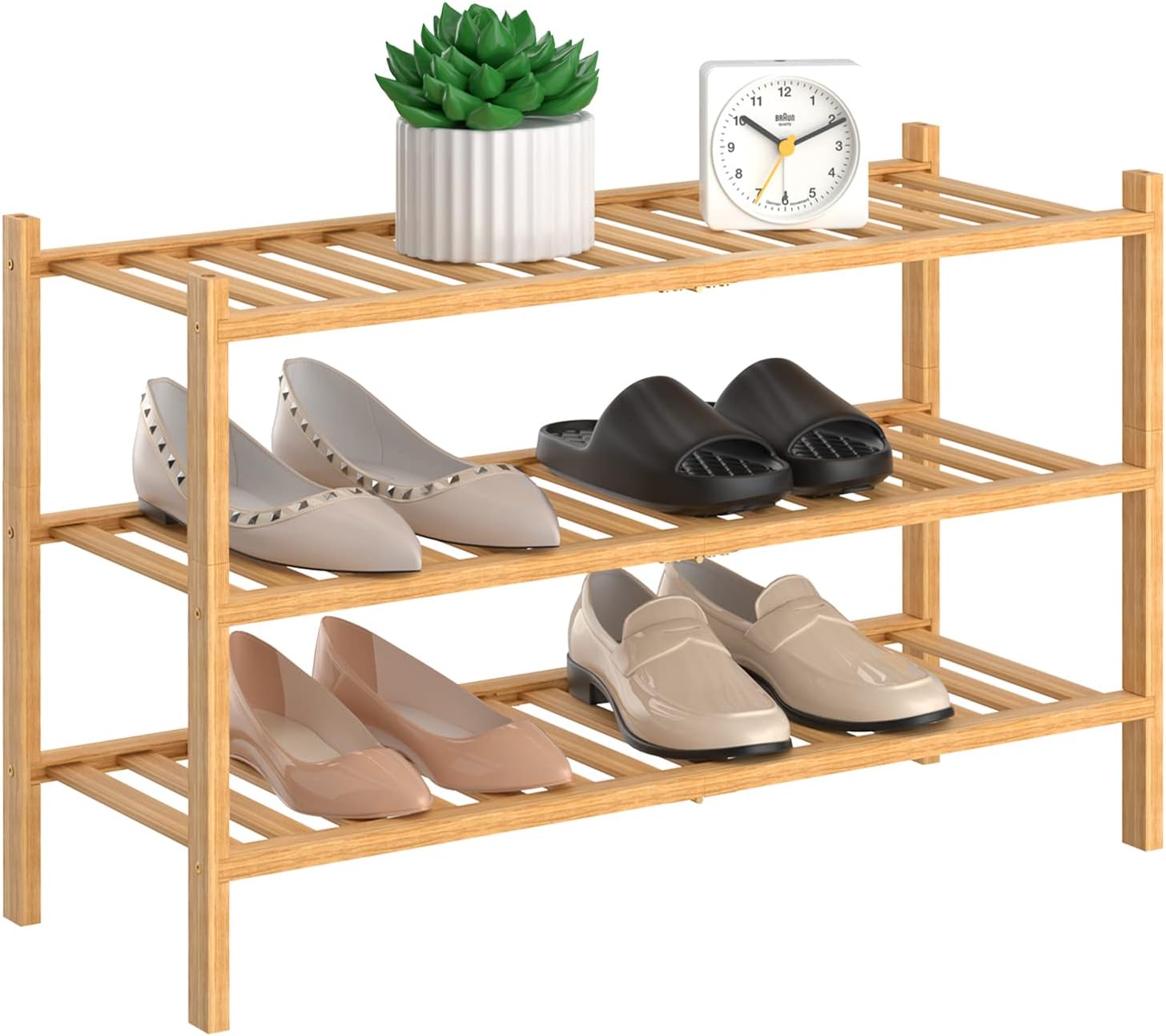 RONGJlA 3 Tier Bamboo Shoe Rack for Closet Free Standing Wood Shoe Shelf Storage Organizer for Entryway Small Space Stackable, Natural