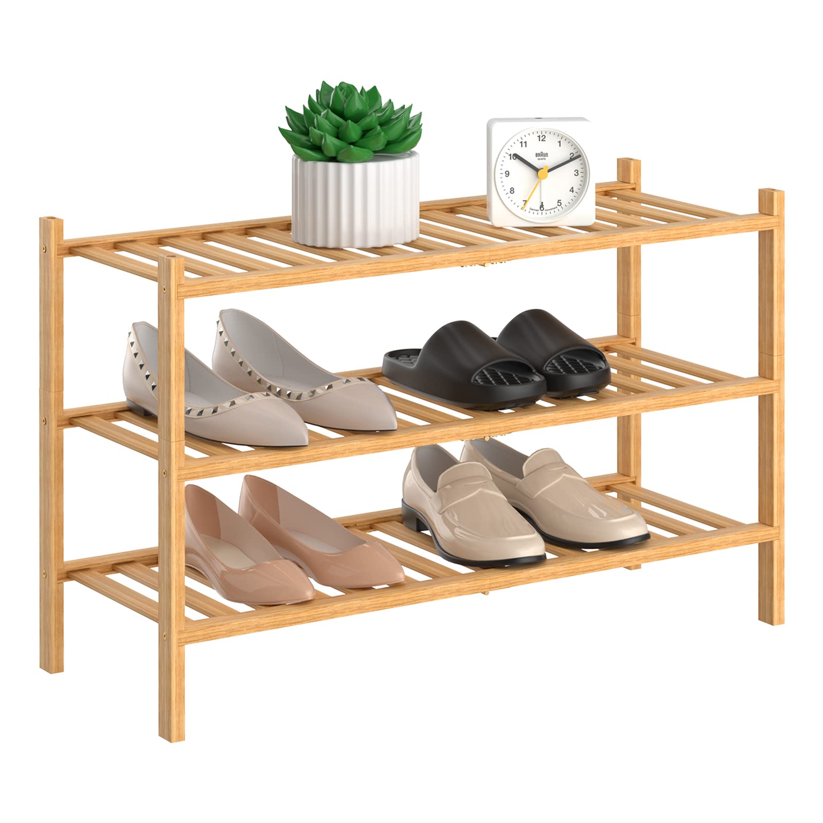 RONGJlA 3 Tier Bamboo Shoe Rack for Closet Free Standing Wood Shoe Shelf Storage Organizer for Entryway Small Space Stackable, Natural