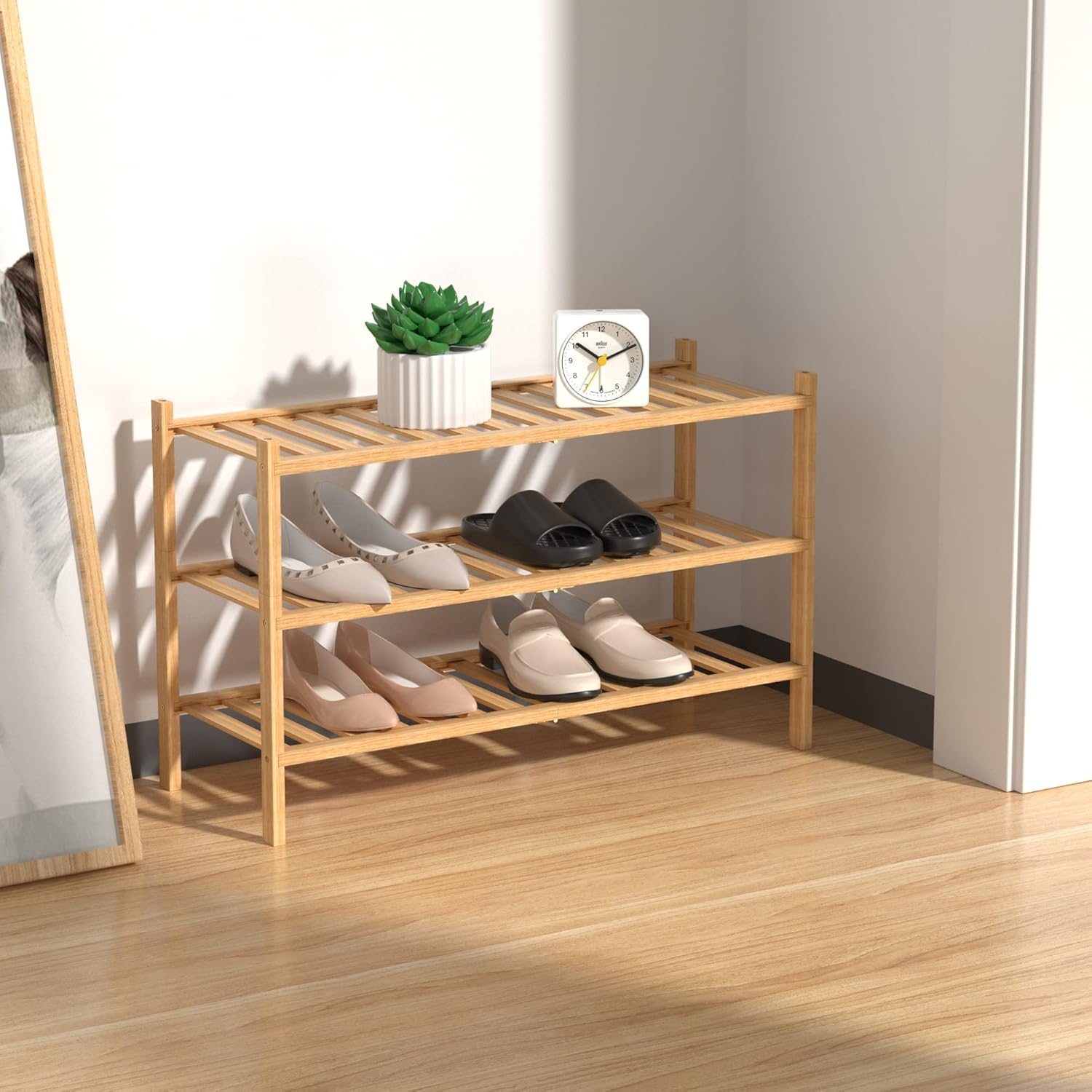 RONGJlA 3 Tier Bamboo Shoe Rack for Closet Free Standing Wood Shoe Shelf Storage Organizer for Entryway Small Space Stackable, Natural