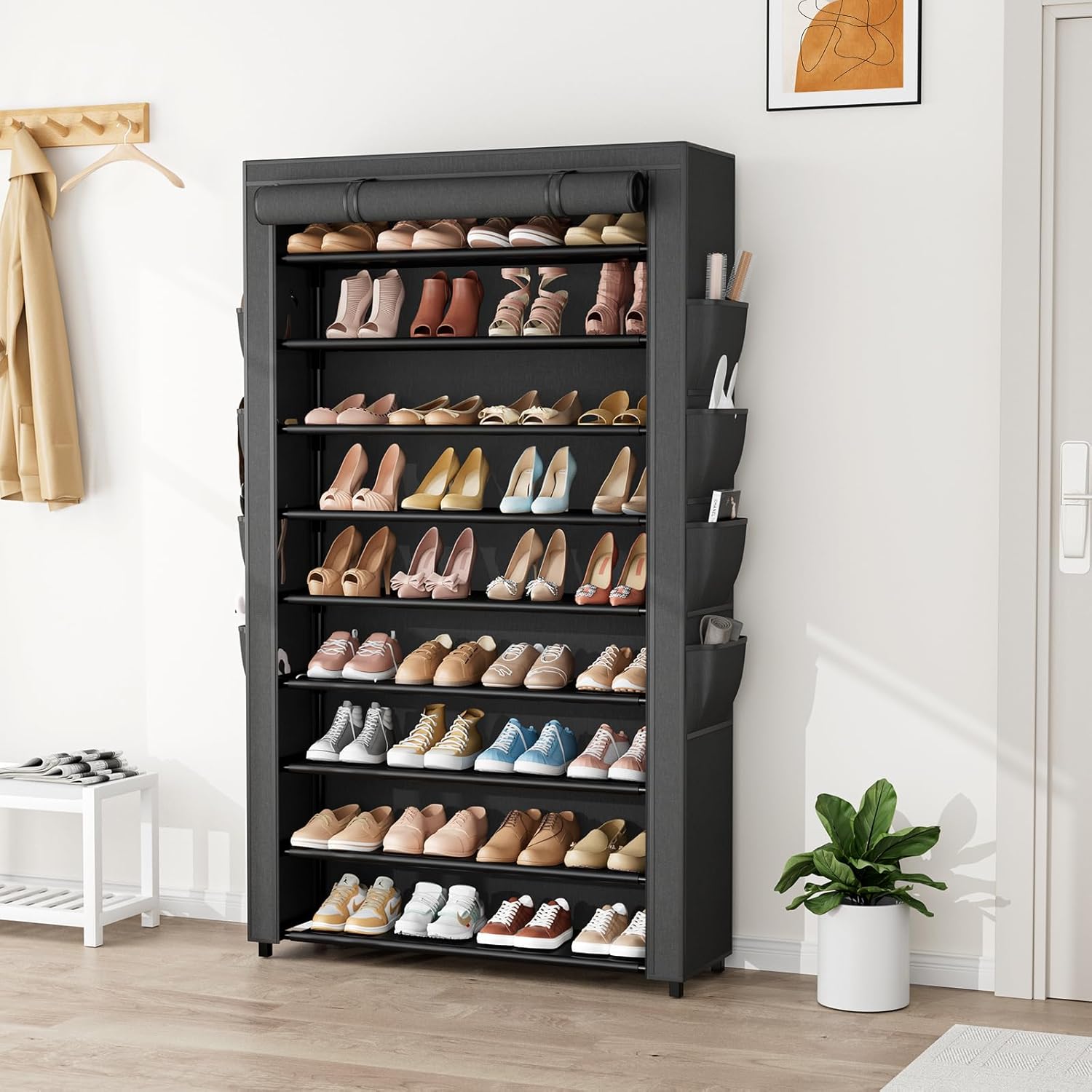 Shoe Rack with Cover, 10 Tier Shoe Organizer Storage for 40-50 Pairs Sneaker and Boots, Large Capacity, with 8 Pockets, Free Standing Tall Shoe Rack for Front Door Entrance, Closet
