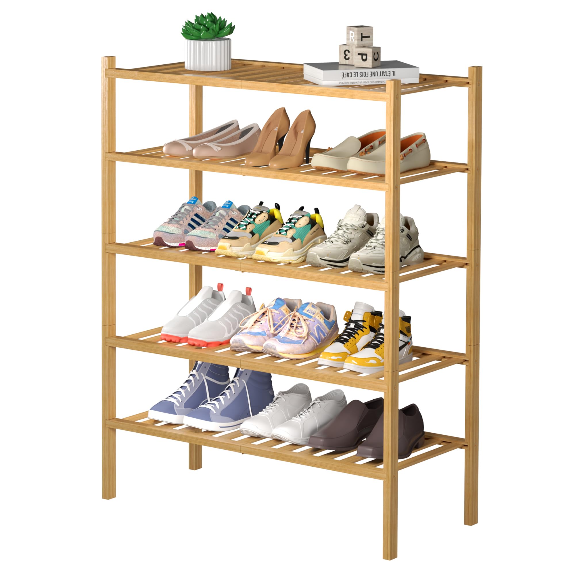ROMGUAR CRAFT 3 Tier Bamboo Shoe Rack for Closet Free Standing Wood Shoe Shelf Storage Organizer for Entryway Small Space Stackable 27"x11"x20" (Black)