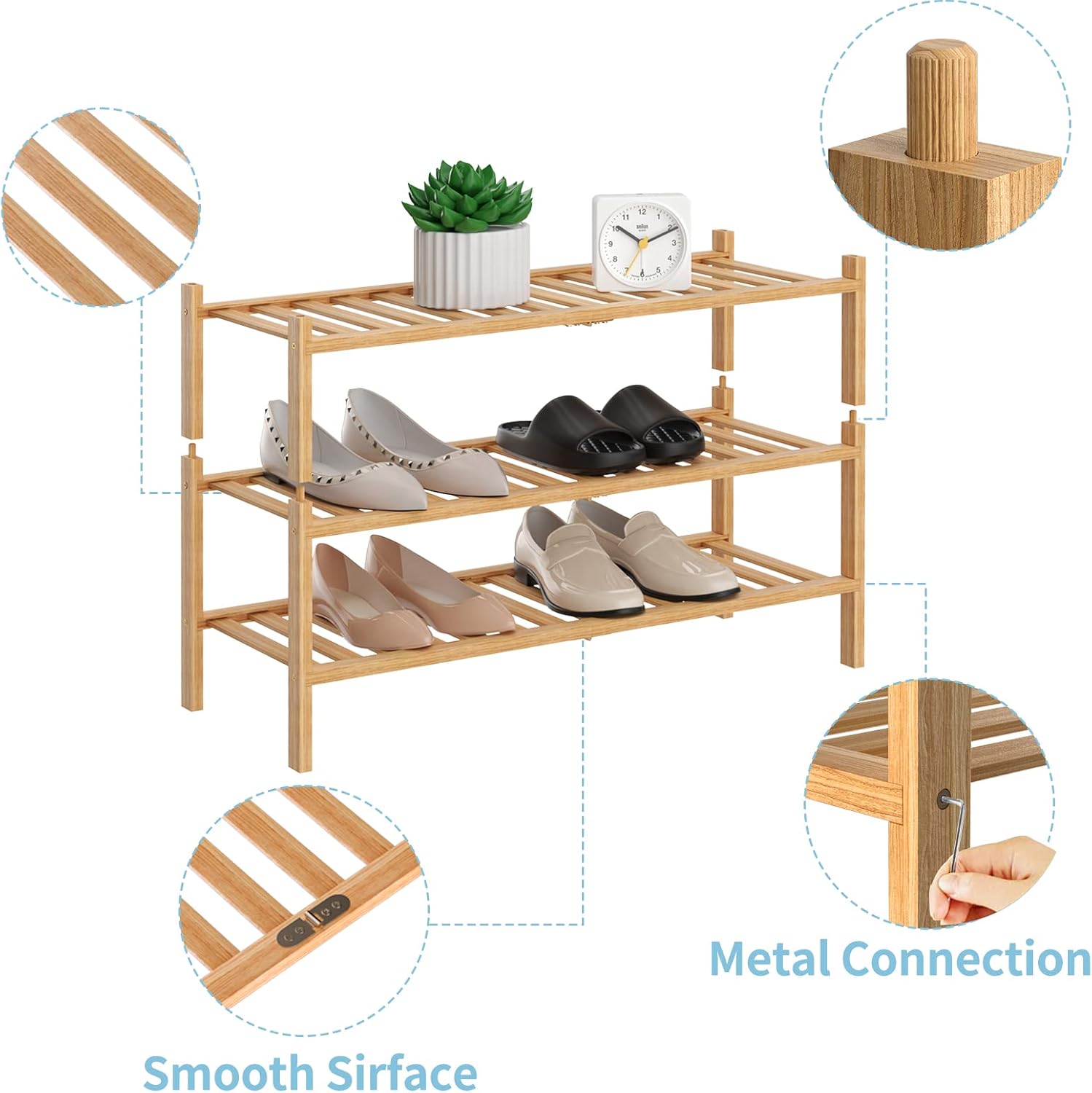 RONGJlA 3 Tier Bamboo Shoe Rack for Closet Free Standing Wood Shoe Shelf Storage Organizer for Entryway Small Space Stackable, Natural