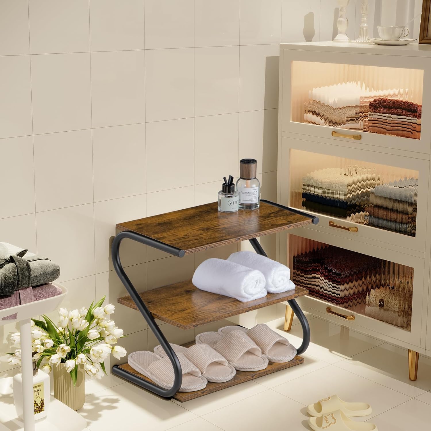 Small 3-Tier Shoe Rack, Z-Frame Wooden Shoe Shelf with Durable Metal Shelves for Hallway, Living Room, Closet, Bedroom (17.2”)