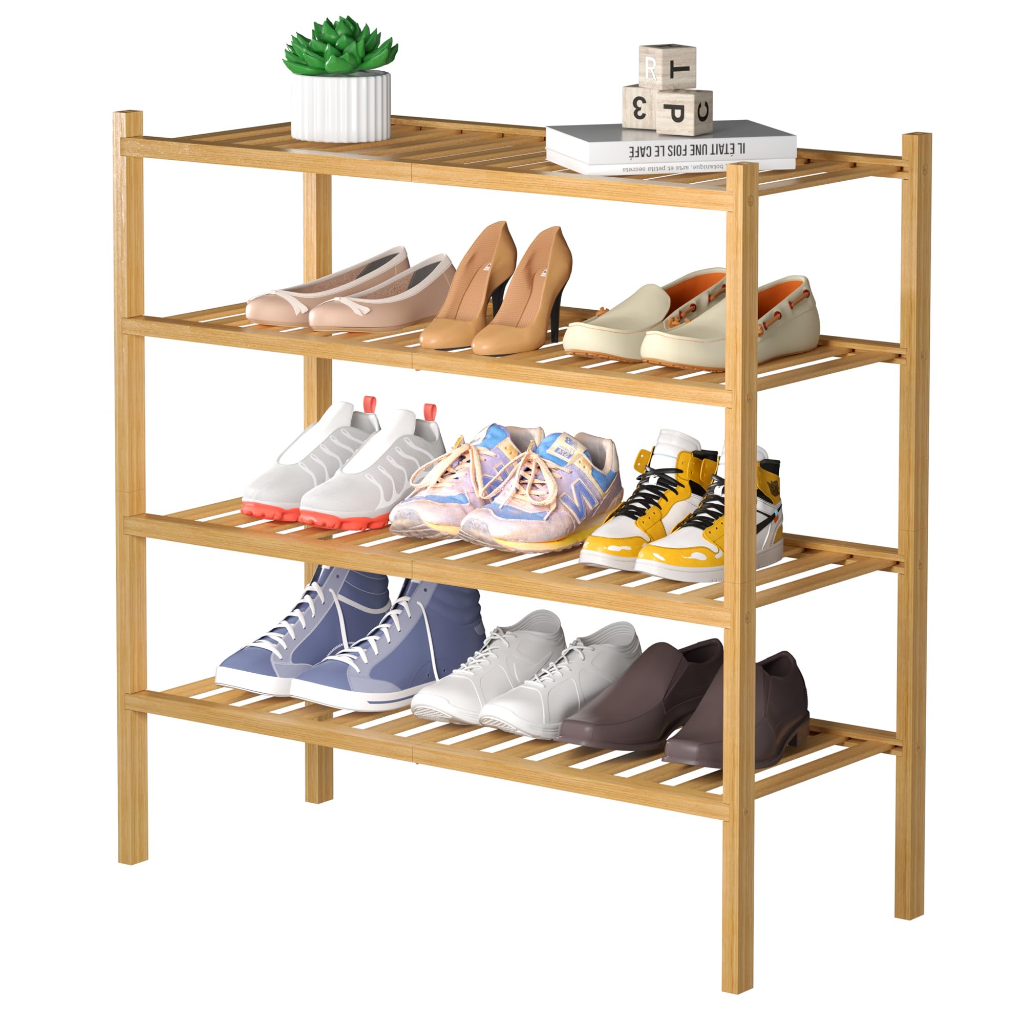 ROMGUAR CRAFT 3 Tier Bamboo Shoe Rack for Closet Free Standing Wood Shoe Shelf Storage Organizer for Entryway Small Space Stackable 27"x11"x20" (Black)