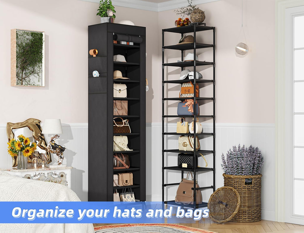 Simple Trending Narrow Shoe Rack with Cover, 10 Tier Shoe Organizer Storage, Tall Free Standing Shoe Cabinet Holds 20 Pairs for Closet, Black