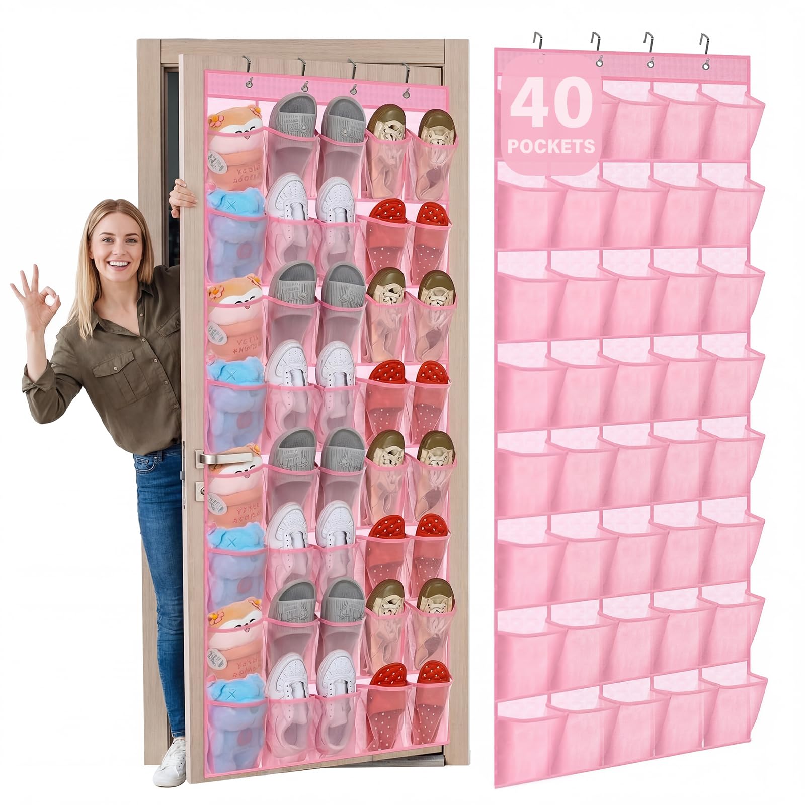 Windyun 40 Over The Door Shoe Organizer, Large Mesh Pocket Hanging Shoe Rack Hanger Large Capacity Gray Behind The Door Storage Holder for Dorm College Closet Entryway Bedroom Utility Room Women Men