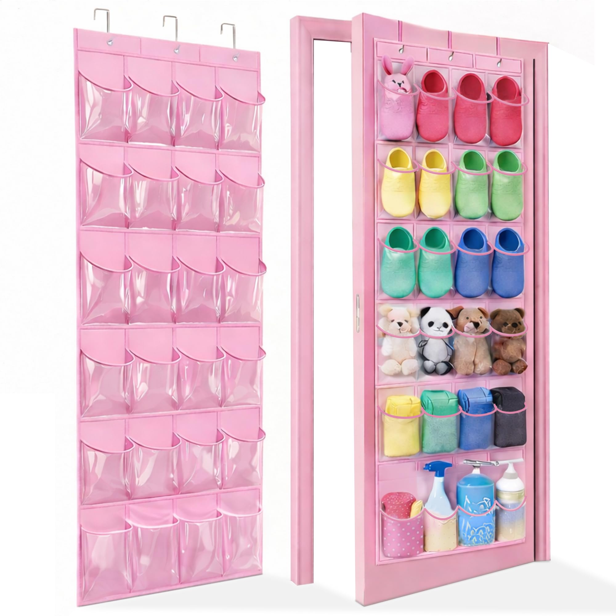 Over the Door Shoe Organizer with 24 Crystal Clear Pockets and Metal Hooks – Heavy Duty Hanging Shoe Storage Rack for Closet, Bathroom, Dorm – Space Saving for Shoes, Accessories, Toys (White)