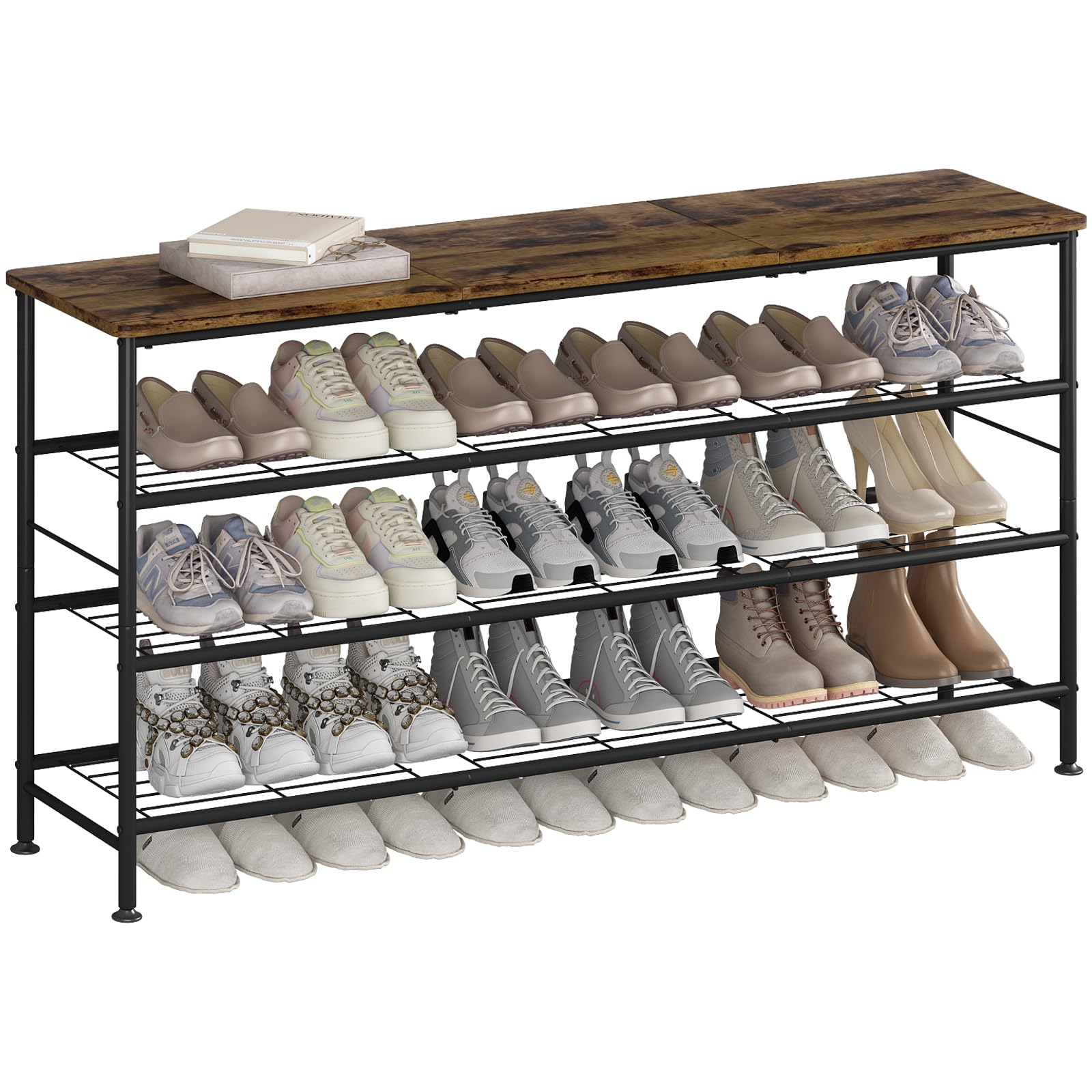 SUOERNUO Shoe Rack Organizer 5 Tier for Closet Entryway Free Standing Metal Storage Shoe Shelf with MDF Top Board，White+Oak
