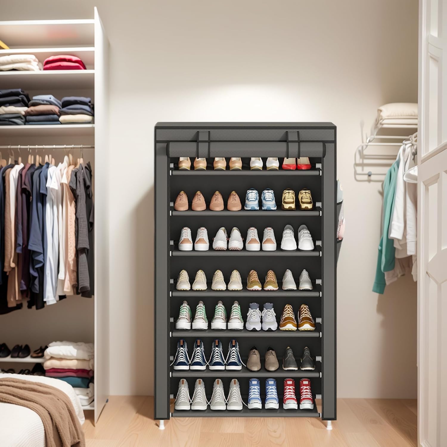 Laiensia 7-Tier Vertical Shoe Rack Organizer, Space Saving Shoe Storage Organizer, Non-Woven Cover Shoe Shelf Holds 28-35 Pairs for Bedroom, Hallway, Closet Entryway, Grey