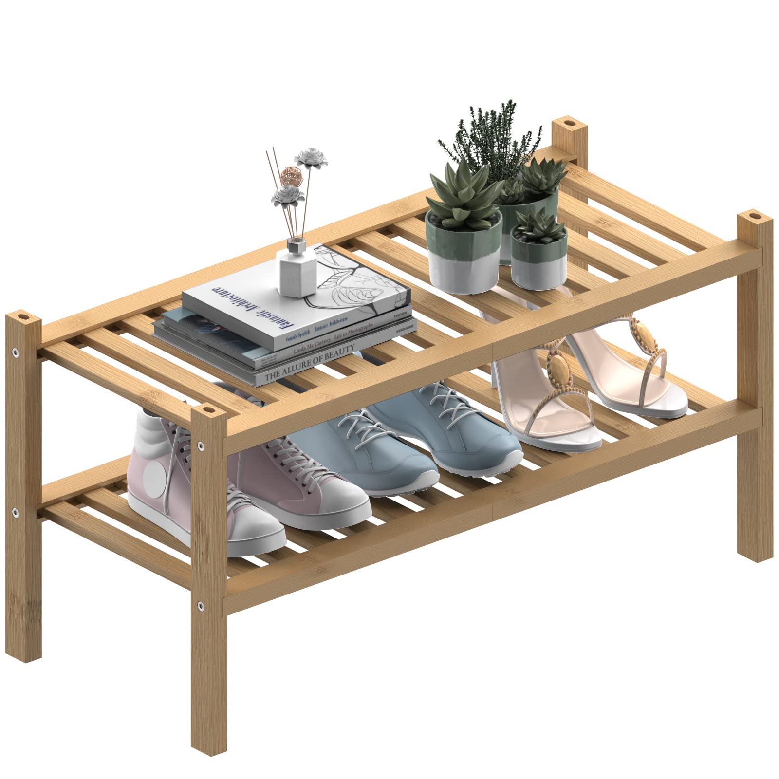 ROMGUAR CRAFT 3 Tier Bamboo Shoe Rack for Closet Free Standing Wood Shoe Shelf Storage Organizer for Entryway Small Space Stackable 27"x11"x20" (Black)