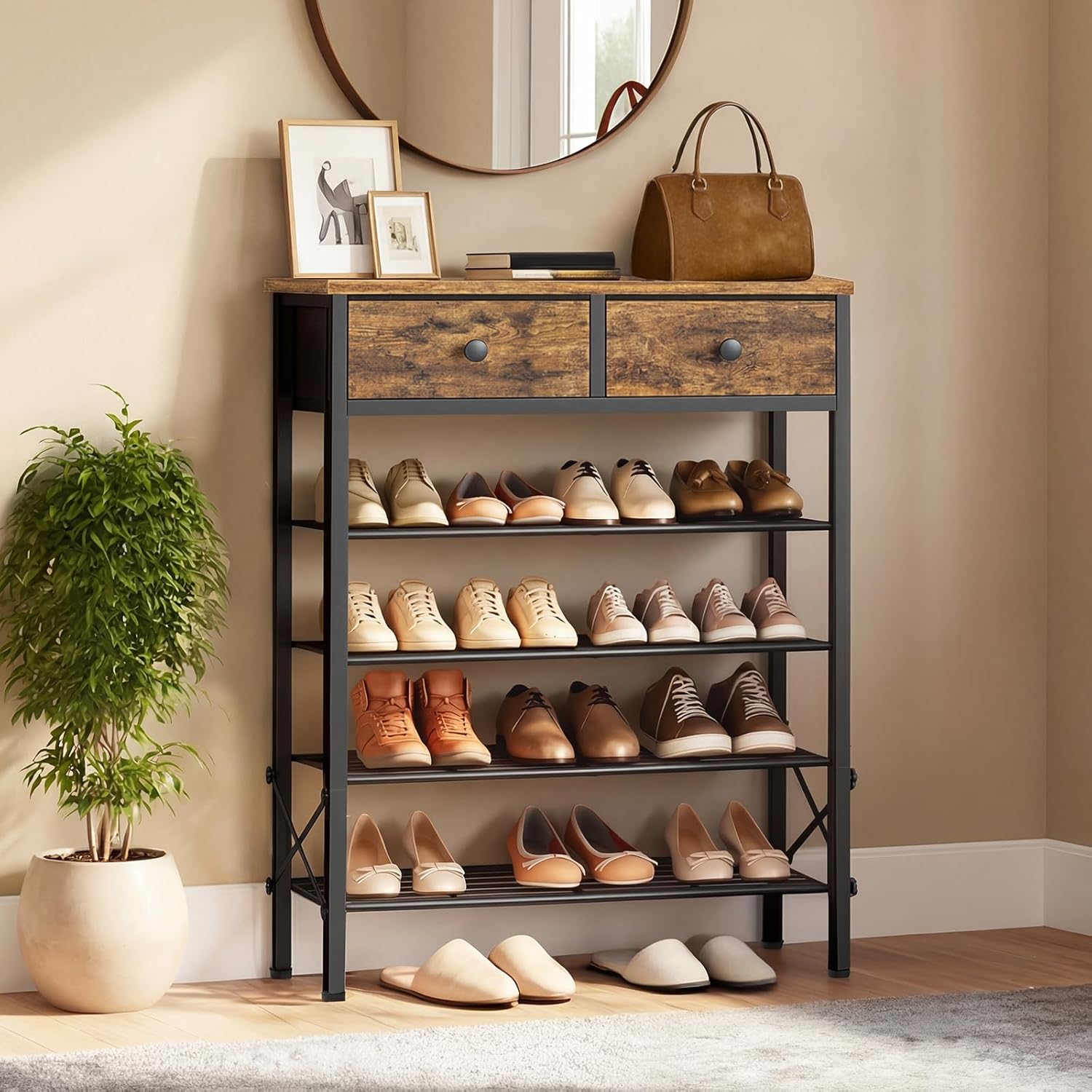 YATINEY 5 Tier Shoe Rack with Adjustable Height (37.4”-44.5”), Shoe Storage Shelf with 2 Non-Woven Drawers, Wooden Shoe Organizer for Entryway, Cloakroom, Rustic Brown and Black SS11BR