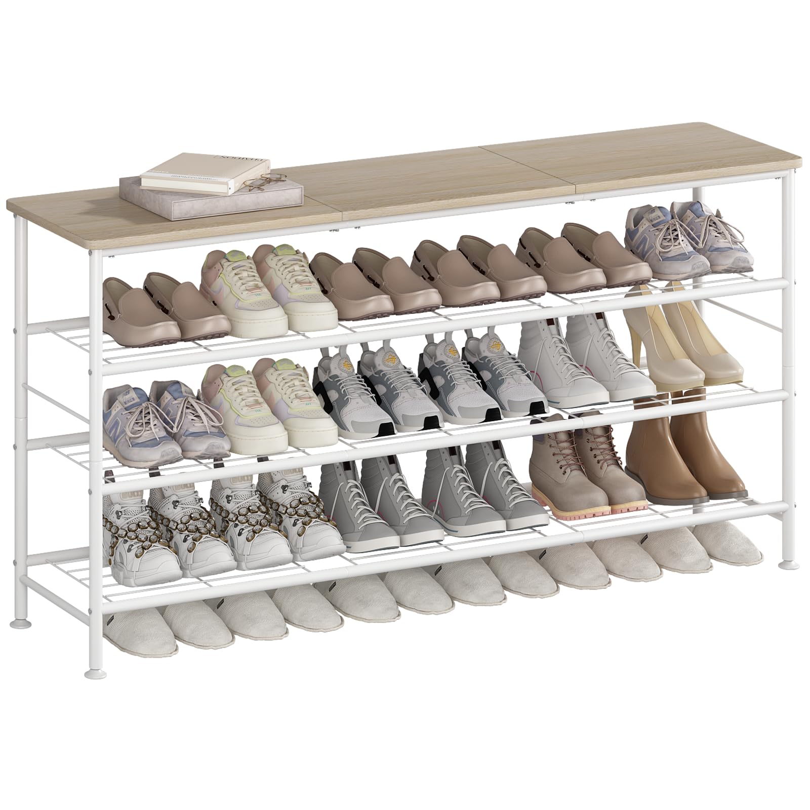 SUOERNUO Shoe Rack Organizer 5 Tier for Closet Entryway Free Standing Metal Storage Shoe Shelf with MDF Top Board，White+Oak