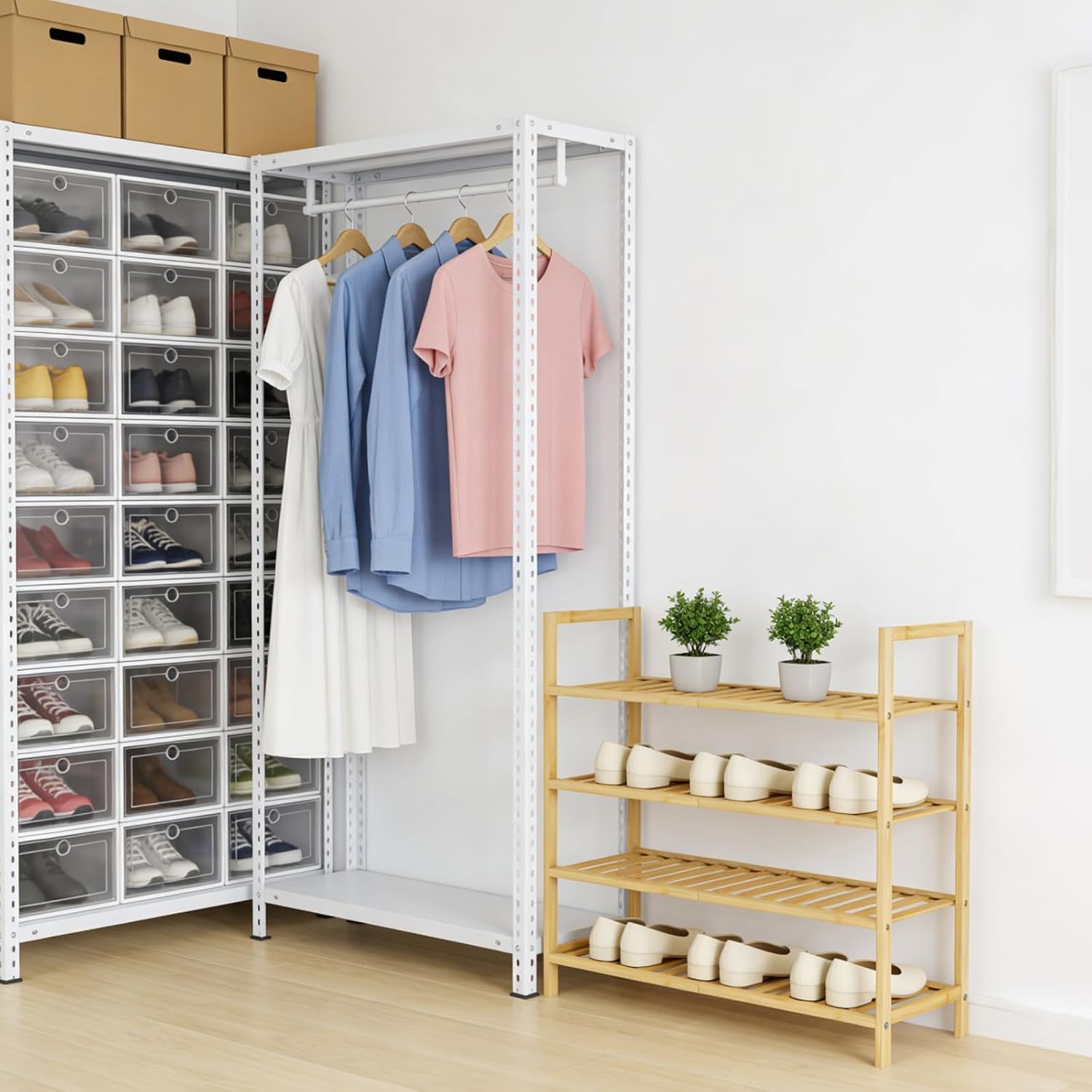 4 Tier Bamboo Wooden Shoe Rack for Closet & Entryway, Free Standing Shoe Rack Stand Organizer Shelf for Garage, Bedroom, Small Space Storage, Stackable