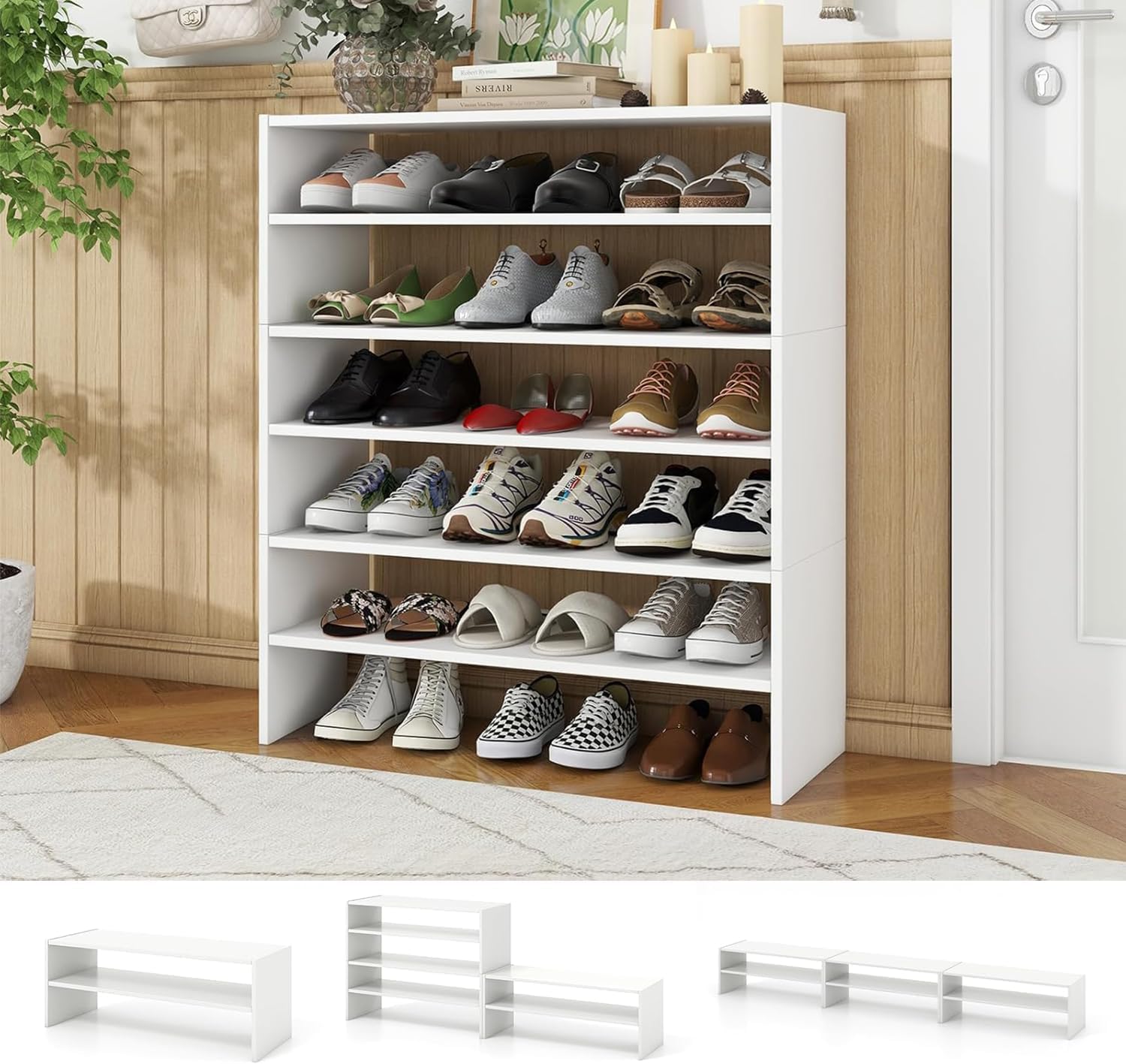 Tangkula 6-Tier Stackble Shoe Rack for Closet, Space Saving Wooden Corner Shoe Storage Shelf for 18 Pairs, 3-in-1 Adjustable White Shoe Organizer for Front Door Entryway